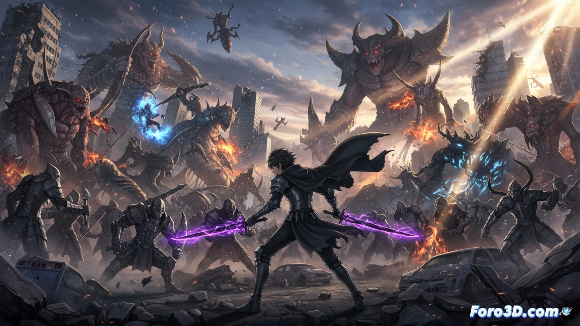 Sung Jin-Woo avanza en un campo de batalla oscuro, rodeado de fragmentos de luz azul y partículas violetas. Su armadura negra brilla mientras su sombra se alarga, reflejando su poder creciente.
