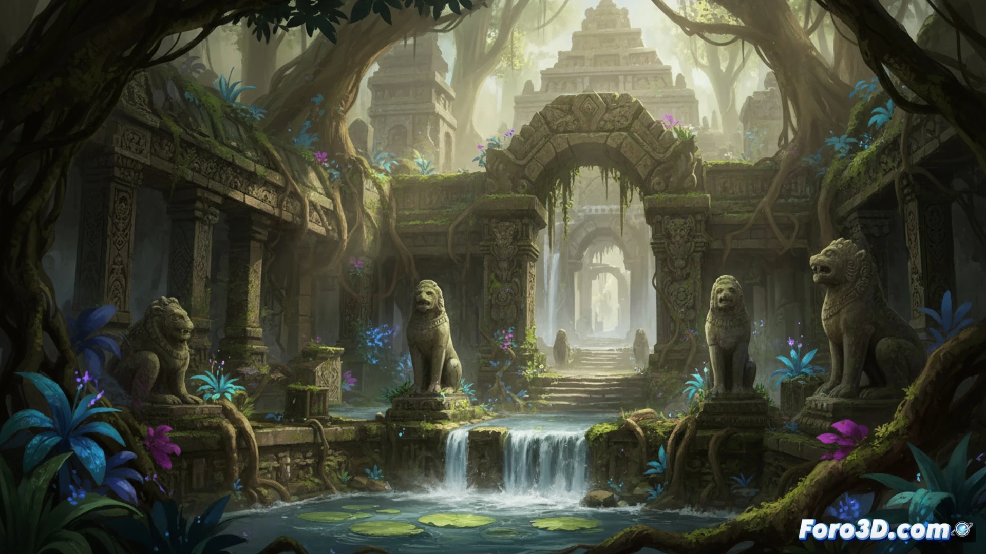 Una escena de videojuego con sombras suaves y oclusión ambiental reducida, mostrando un bosque o callejón donde los cambios de iluminación son casi imperceptibles en movimiento.