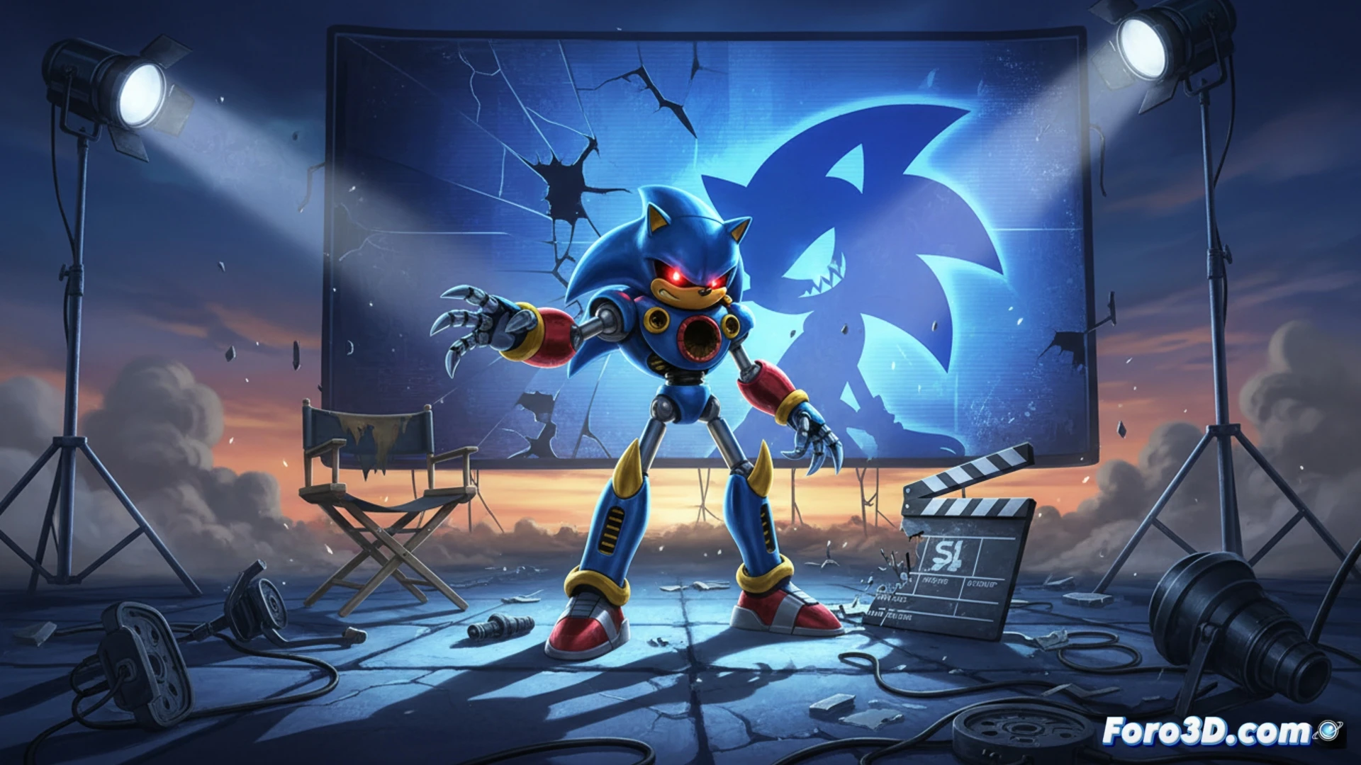 DESCRIPCIÓN: Jeff Fowler posa junto a un imponente Metal Sonic, el villano robótico, anunciando el fin del rodaje de Sonic 4.