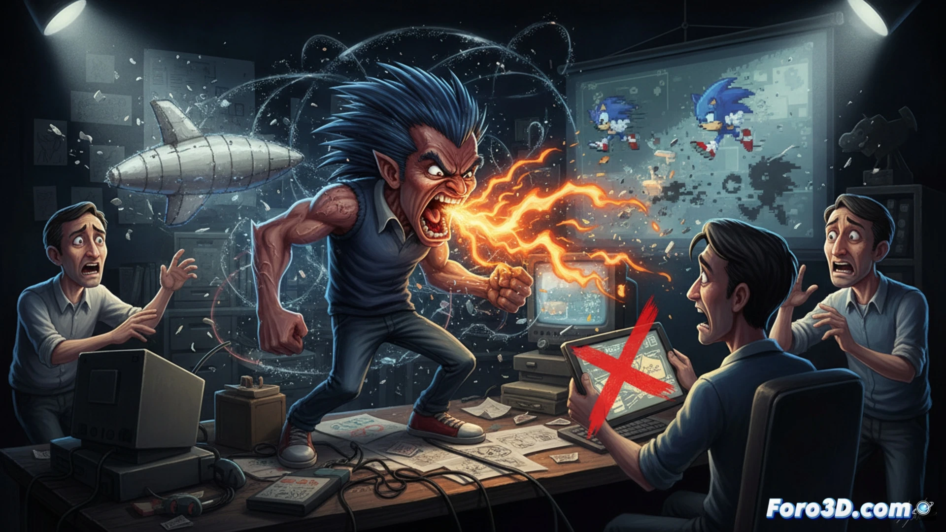 Un desarrollador furioso señalando una pantalla de código de juego Sega Genesis, mientras el diseñador Yuji Naka grita con el rostro enrojecido, teclado mecánico roto en el suelo, documentos de diseño de Sonic esparcidos, monitor CRT mostrando un sprite de pene gigante pixelado, luces fluorescentes parpadeando sobre un cubículo caótico, cables enredados, tazas de café volcadas, ambiente de tensión laboral, estilo cinematográfico hiperrealista, iluminación dramática de oficina nocturna, texturas de plástico y metal desgastado, sombras duras, alta definición técnica.
