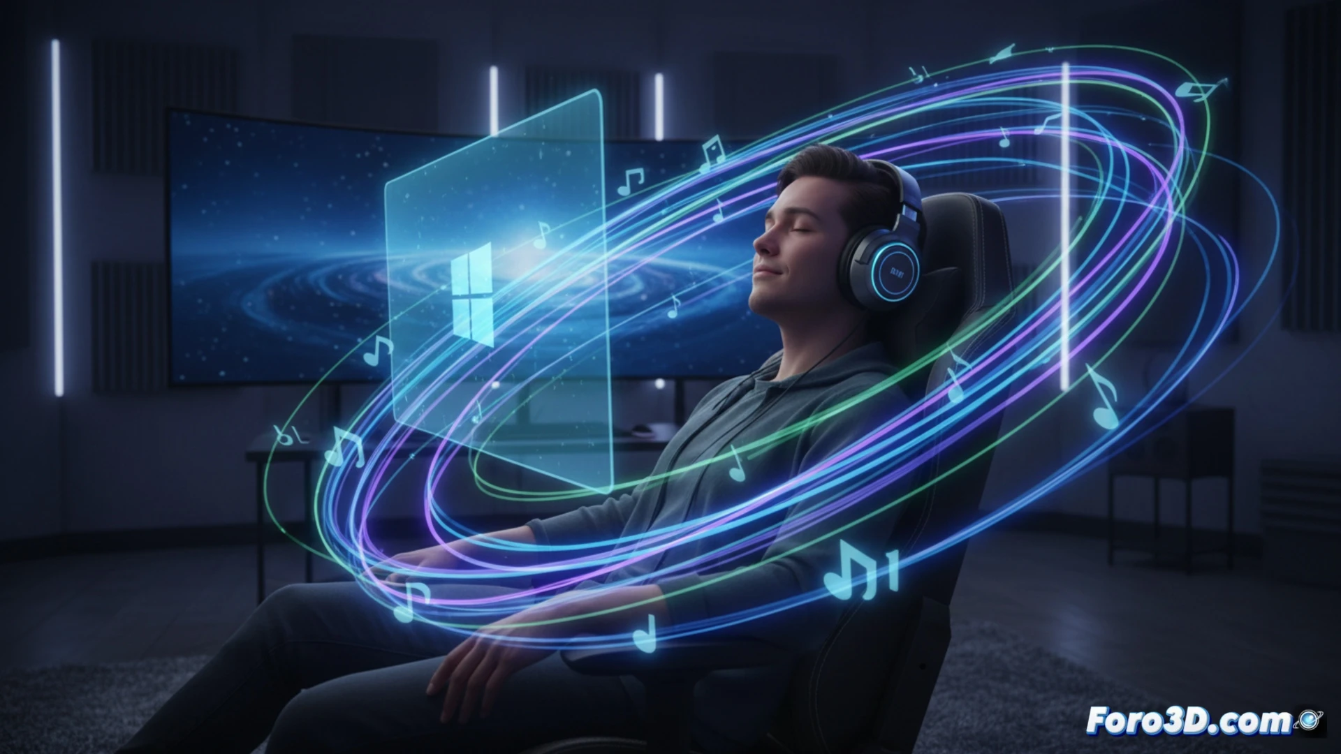 Un usuario ajusta el sonido envolvente en Windows 11, con iconos de Dolby Atmos y altavoces rodeando la pantalla.