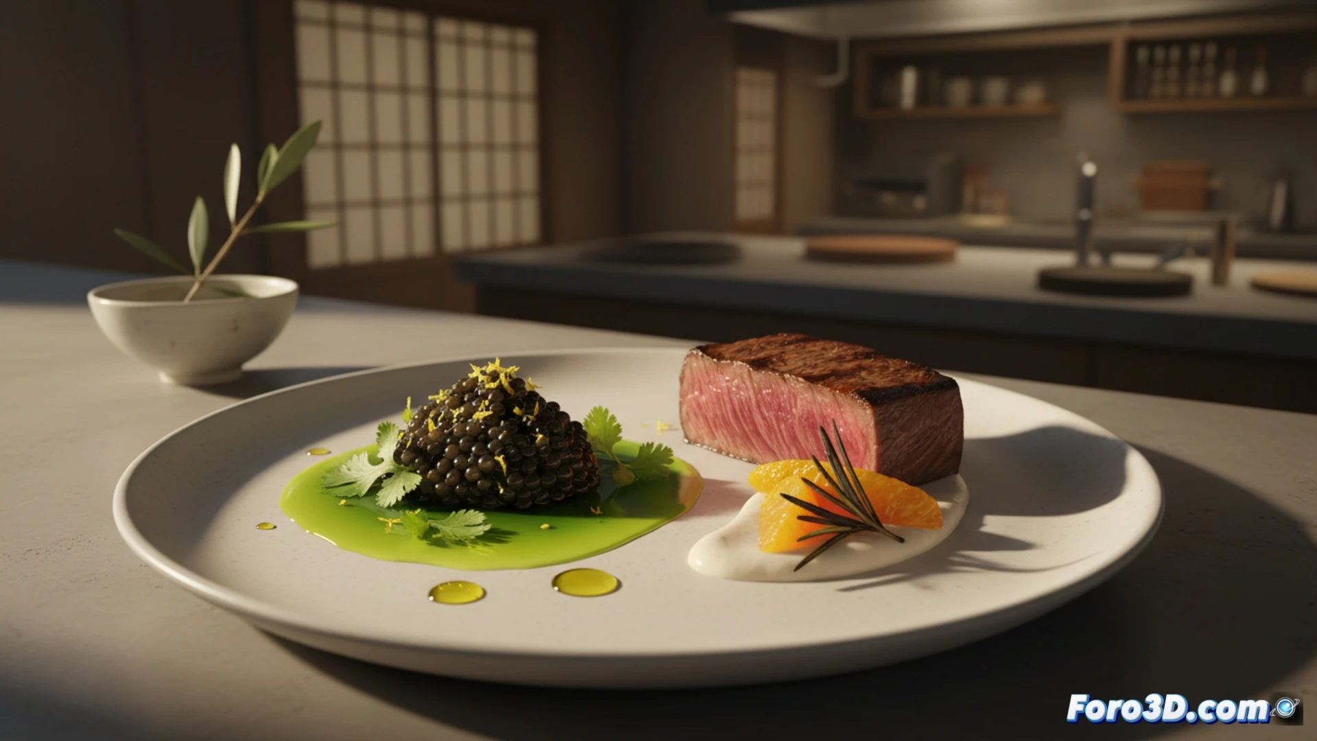 minimalist Kyoto restaurant kitchen scene, chef drizzling golden olive oil over a plate of wagyu beef with miso glaze, caviar pearls beside fresh wasabi root, ceramic plate on dark stone counter, steam rising from nearby pot, wooden chopsticks and stainless steel tweezers in action, soft natural light from paper lanterns, cinematic photorealistic style, warm amber tones, shallow depth of field, elegant Japanese minimalism, sharp culinary details