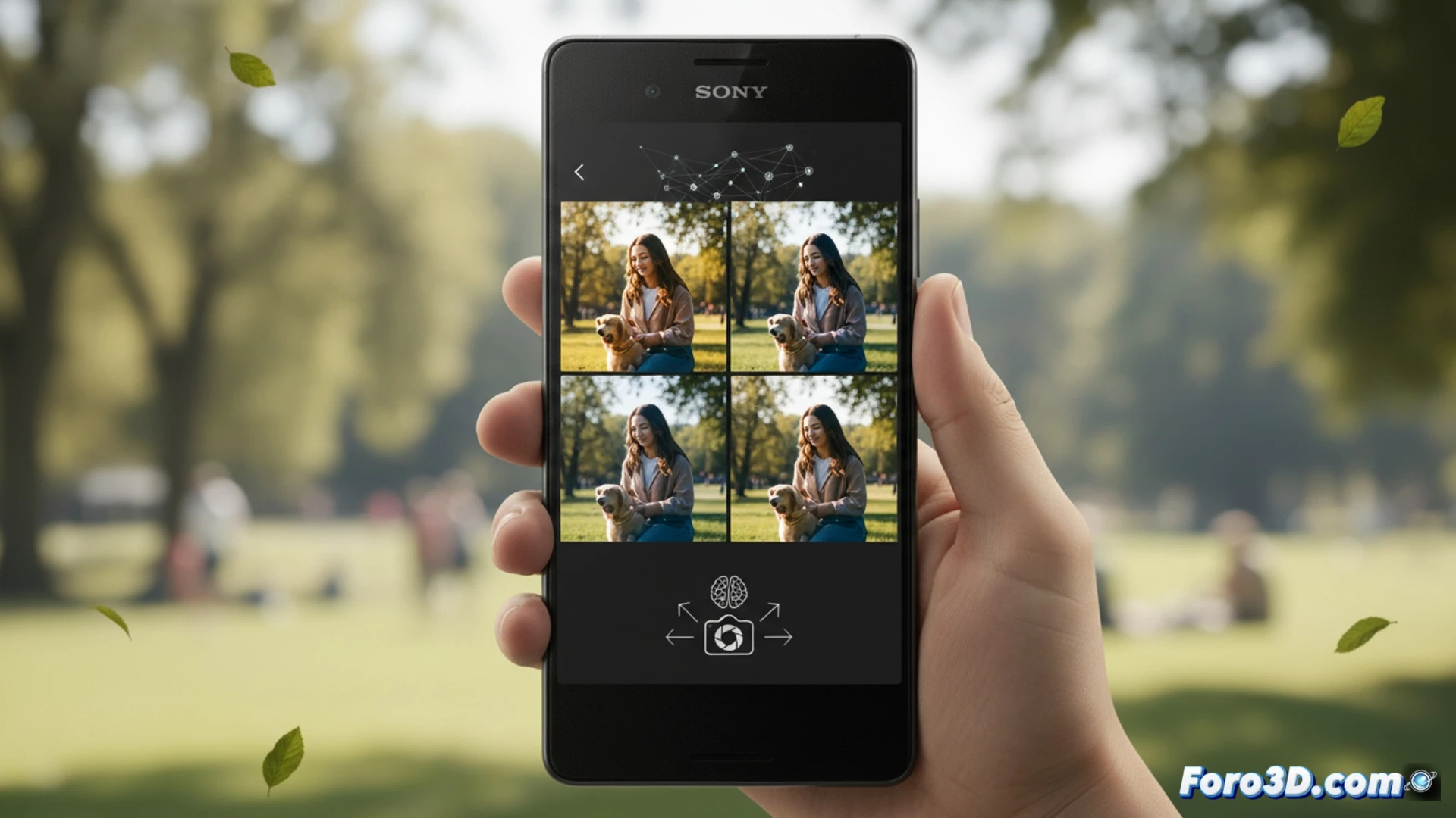 Sony Xperia 1 XIII smartphone held by a hand, camera lens pointing at a scene, AI Camera Assistant interface overlay showing four adjustment options, sliders for exposure and color, background blur control active, glowing grid analyzing subject depth and lighting, cinematic technical illustration, dark studio environment with soft blue LED accents, photorealistic render, user interaction demonstrated mid-action, holographic suggestion panels floating above the screen, precise engineering visualization