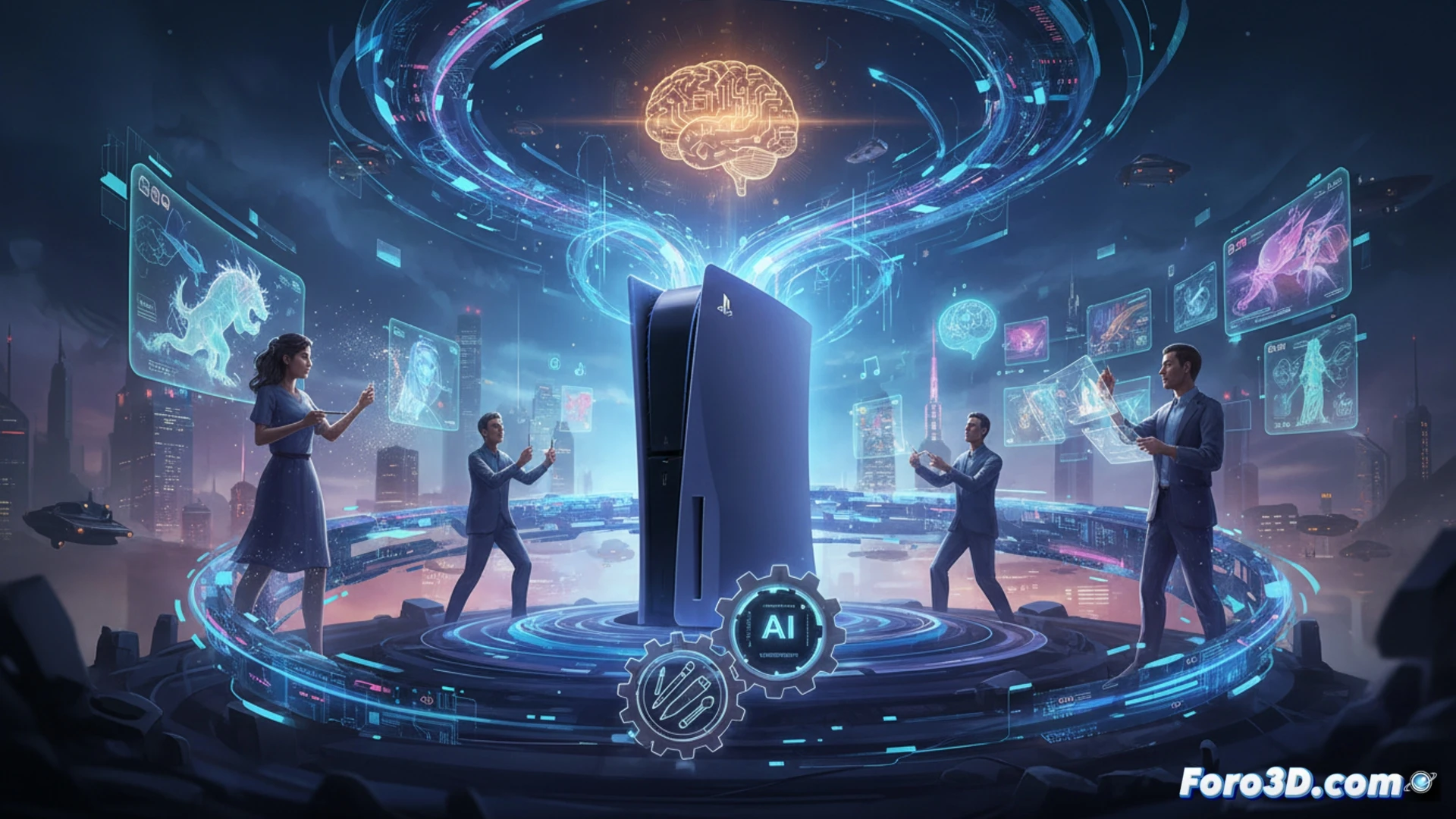 Un plano detallado de un controlador de PlayStation sostenido por manos humanas, con un holograma brillante de un cerebro digital y pinceles flotando sobre él. Al fondo, sombras de trabajadores se desvanecen entre engranajes industriales, simbolizando la tensión entre creatividad y automatización.