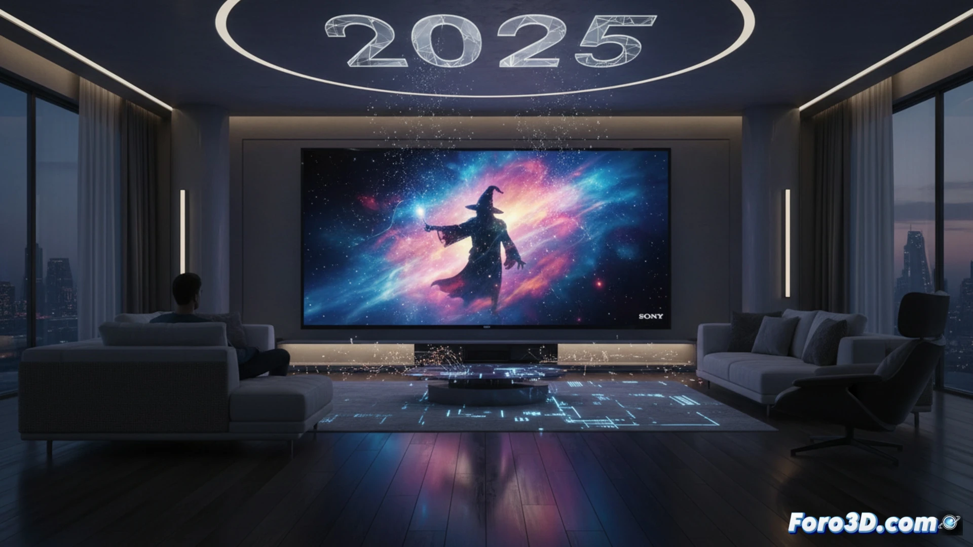 cinematic scene of a premium living room, a Sony Bravia 2025 TV mounted on a wall displaying a vibrant nature documentary, a technician in a dark suit carefully unplugging a glowing processing unit from the back of the TV, the exposed circuit board showing advanced chip architecture, a faint ghostly light fading from the screen while the room darkens, tools on a nearby table, dramatic shadows, photorealistic engineering visualization, high-end interior lighting, meticulous detail on metallic heatsinks and cable connectors, sense of finality and transition