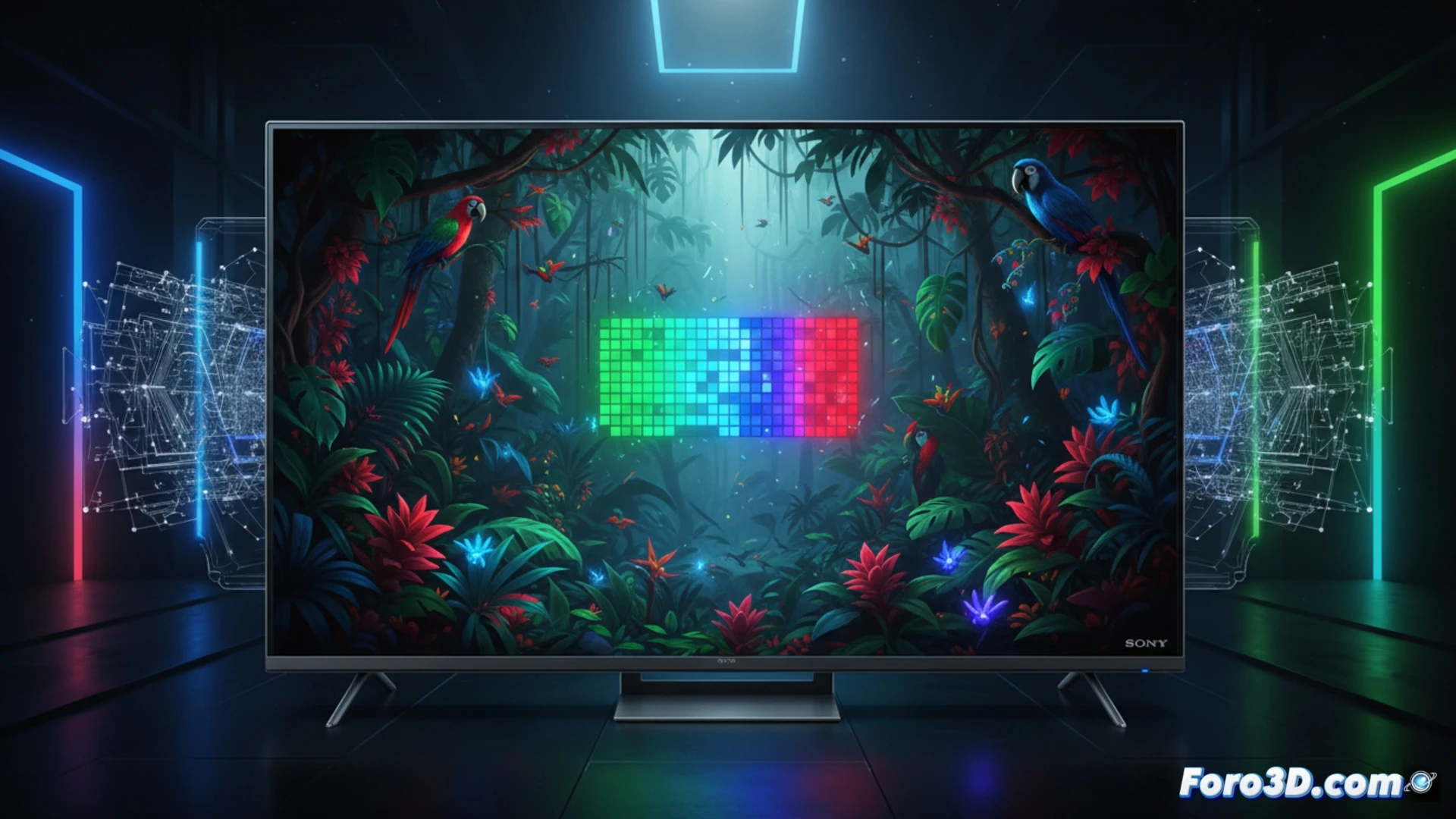 Sony Bravia 9 II television panel cross-section, microscopic MiniLED array with individual red green and blue subpixels emitting precise light beams, a beam of pure white light passing through the RGB diodes splitting into separate chromatic rays, adjacent to a professional color grading monitor showing matching color swatches, photorealistic technical illustration with glowing subpixel details, macro lens perspective, dramatic dark room lighting with pinpoint light sources, ultra-sharp electronic component textures, cinematic engineering visualization