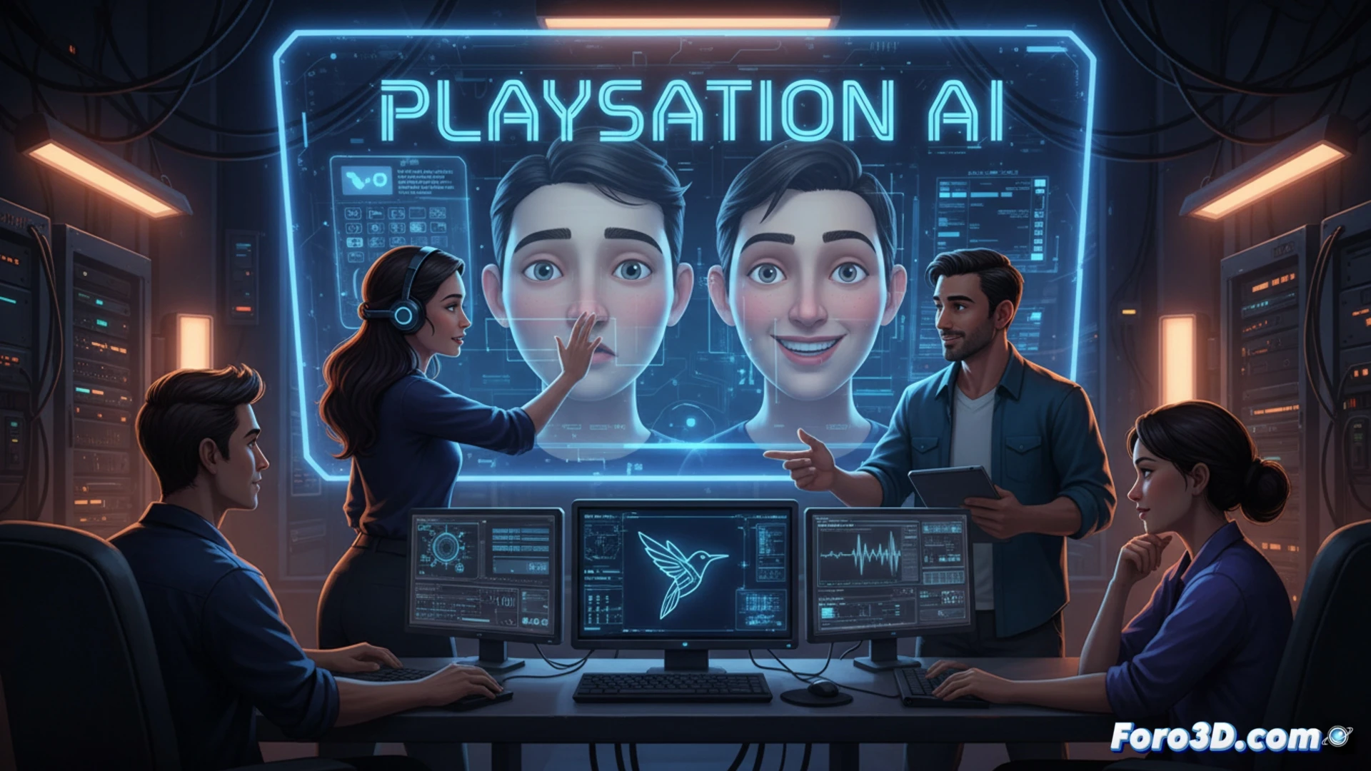 Un desarrollador de juegos sonríe mientras la IA Mockingbird anima caras 3D en una pantalla, con logos de PlayStation y Naughty Dog al fondo.
