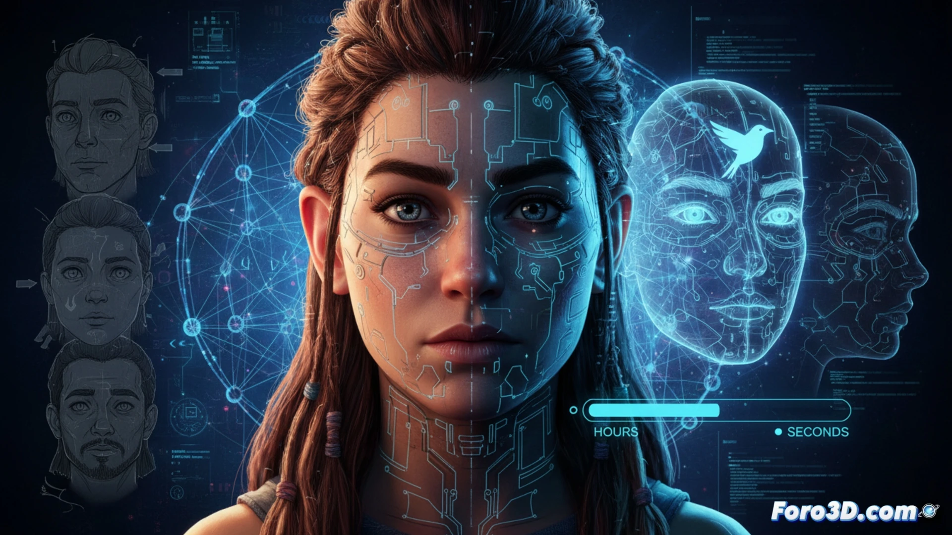 Una imagen de Aloy de Horizon Zero Dawn con rostro semitransparente, líneas de datos y un cuervo digital, simbolizando la IA Mockingbird.