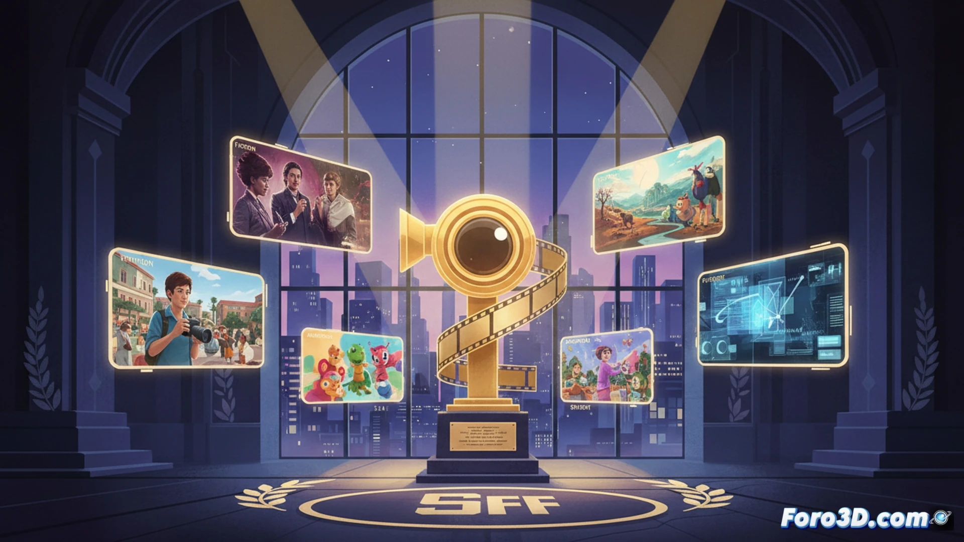 Cineastas finalistas de Sony 2026 en estudio, con pantallas y premios.