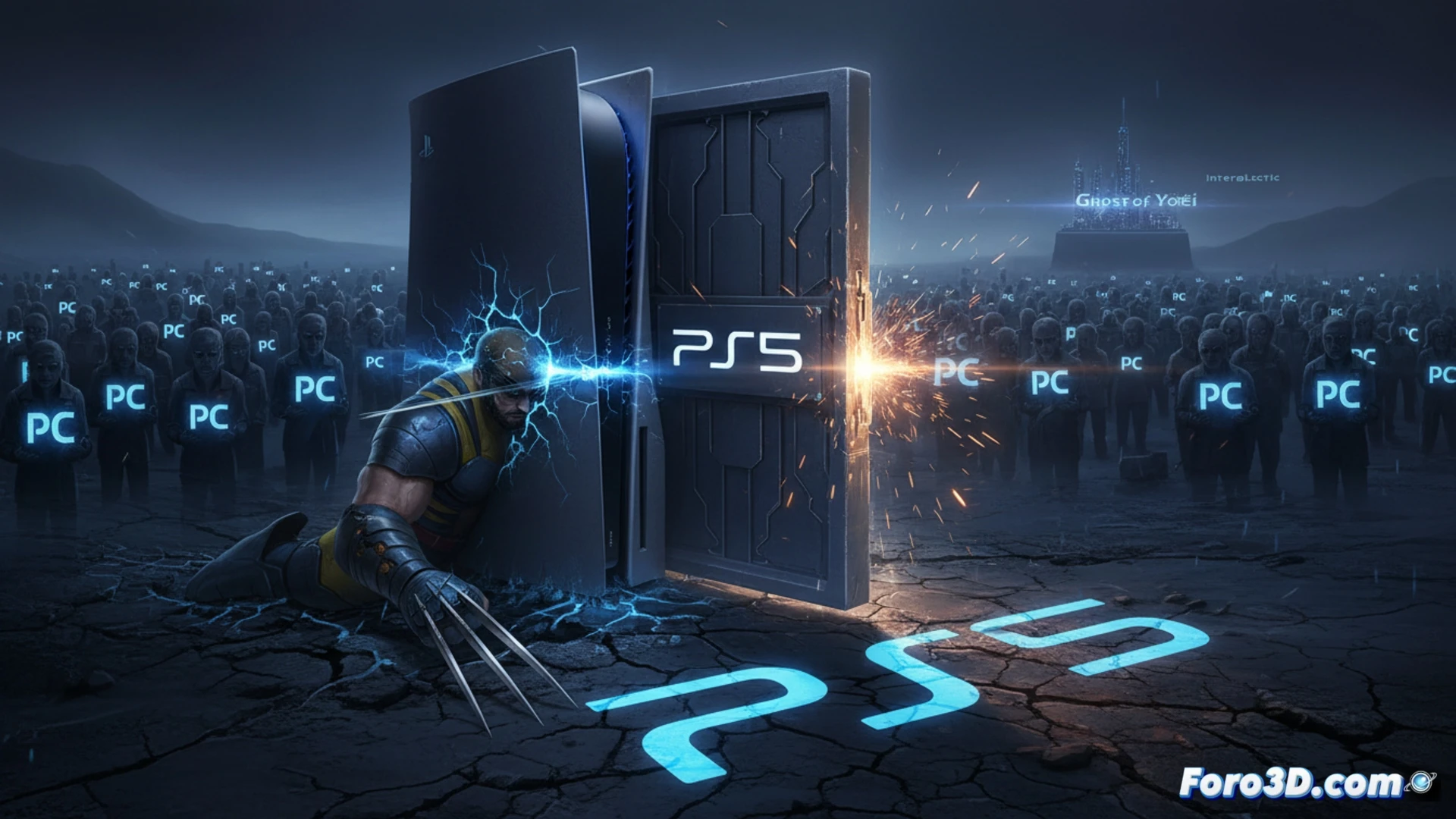 Marvel's Wolverine PS5 console being lowered into a digital grave by robotic arms, claw marks scratched across the console surface, PC motherboard with severed connection cables floating above, Ghost of Yotëi and Intergalactic game discs buried in dark soil around the grave, cinematic technical illustration, photorealistic render, dramatic shadow lighting, metallic textures, dust particles floating, industrial graveyard atmosphere, ultra-detailed hardware components, engineering visualization style
