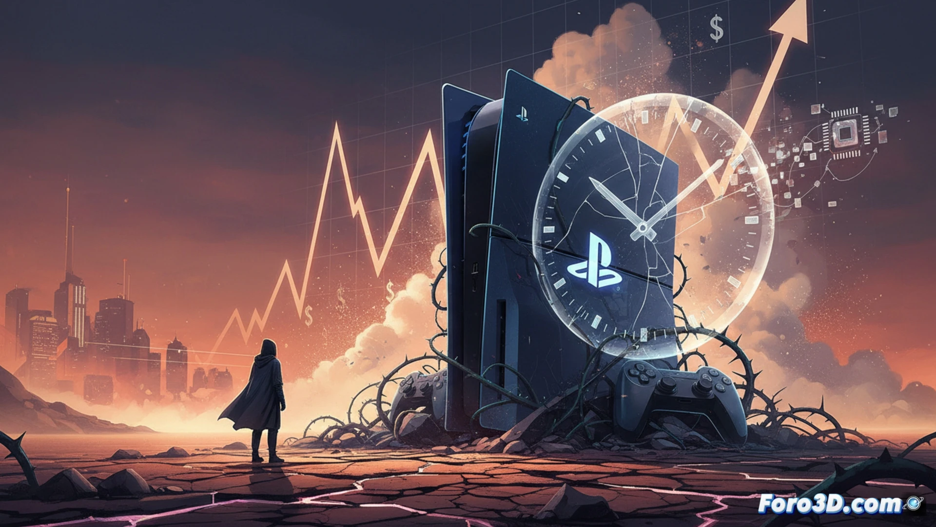 Una imagen conceptual de una PS6 borrosa y sin detalles, sobre fondo gris. Al lado, gráficos financieros en rojo y un calendario con fechas tachadas hasta 2027, simbolizando la incertidumbre y el retraso por la crisis de precios.