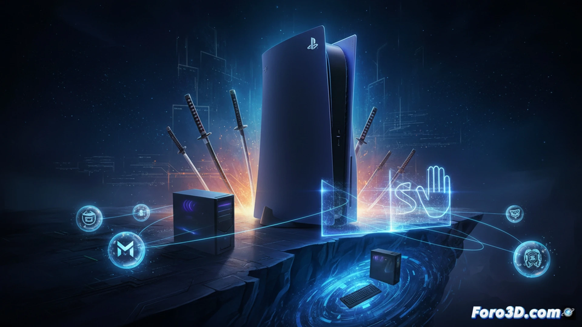 PlayStation 5 console glowing with blue light, a PC tower with its power cable being physically unplugged by a robotic arm, a stack of game boxes labeled Ghost of Yotei and Saros sliding away from the PC while Marathon and Marvel Tokon remain docked, digital data streams flowing back into the console, cinematic photorealistic technical illustration, dramatic contrast between warm console light and cold PC monitor glow, high-tech workshop environment, cables disconnecting mid-action, motion blur on sliding game boxes, ultra-detailed hardware textures, realistic industrial lighting