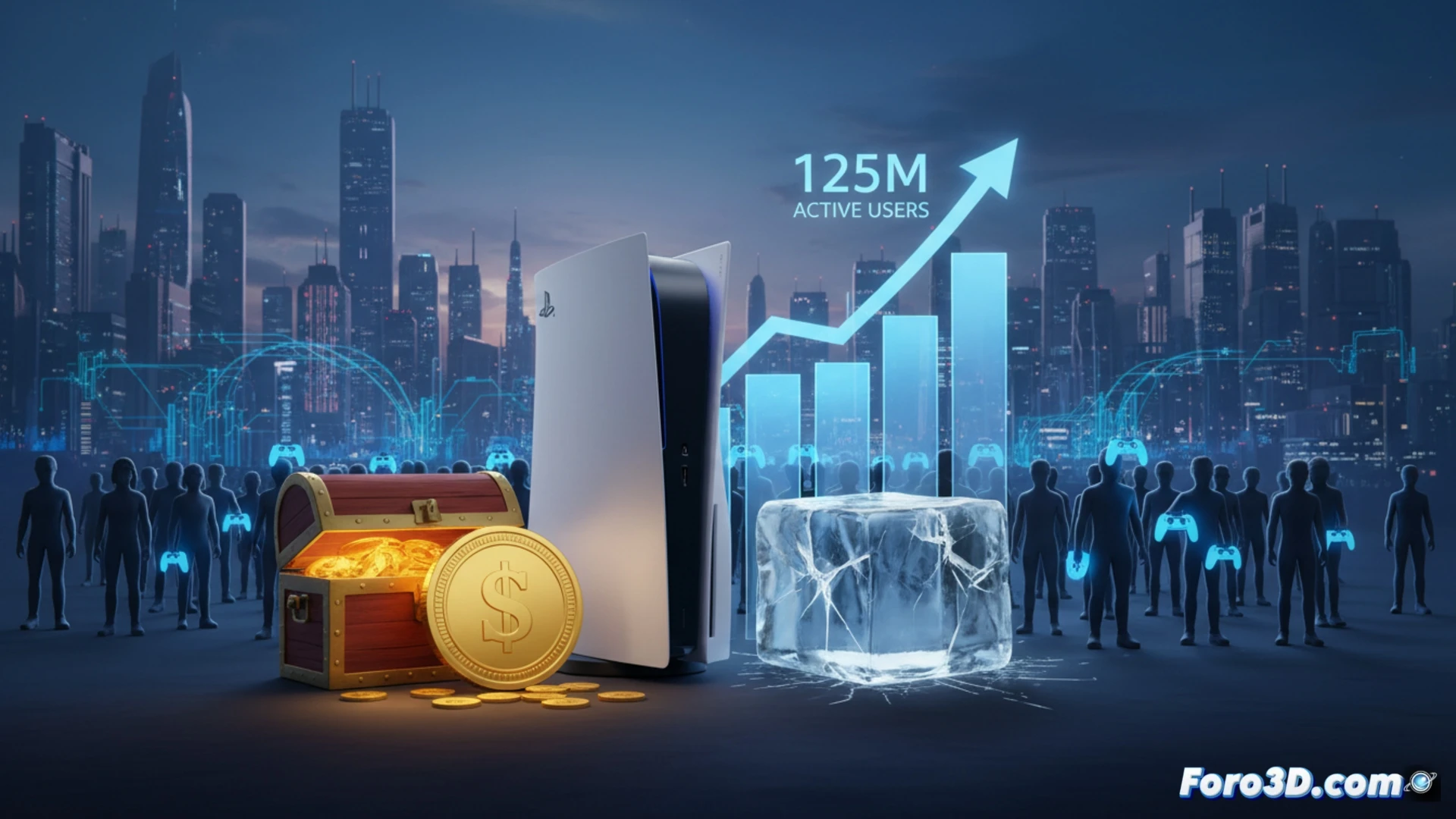 Una gráfica de barras muestra ingresos de Sony en aumento, mientras una línea descendente representa ventas de PS5. Al fondo, 125 millones de perfiles de usuario brillan como estrellas, simbolizando el récord de cuentas activas.