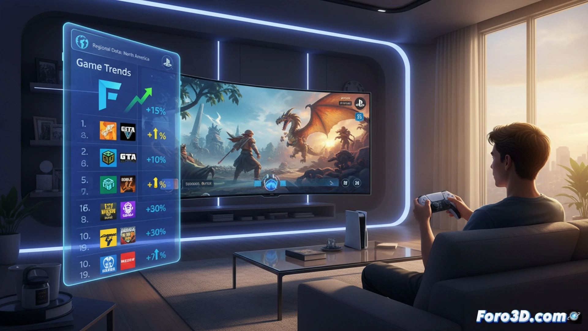 PlayStation 5 console dashboard interface displaying a live regional gaming trends widget, glowing top 10 ranked list of game icons rising upward, animated percentage growth arrows next to titles showing player count increases, map of a country region highlighted on screen while data streams update in real-time, cinematic technical visualization, sleek dark metallic UI elements with neon blue accents, motion blur on data transitions, photorealistic engineering render, dramatic futuristic lighting
