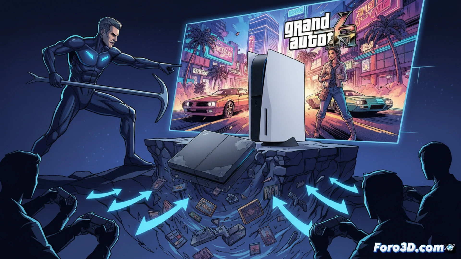 Un monitor de PS4 muestra GTA 6 en lista de deseos, con un mensaje de Sony instando a actualizar a PS5, fondo borroso con consolas.