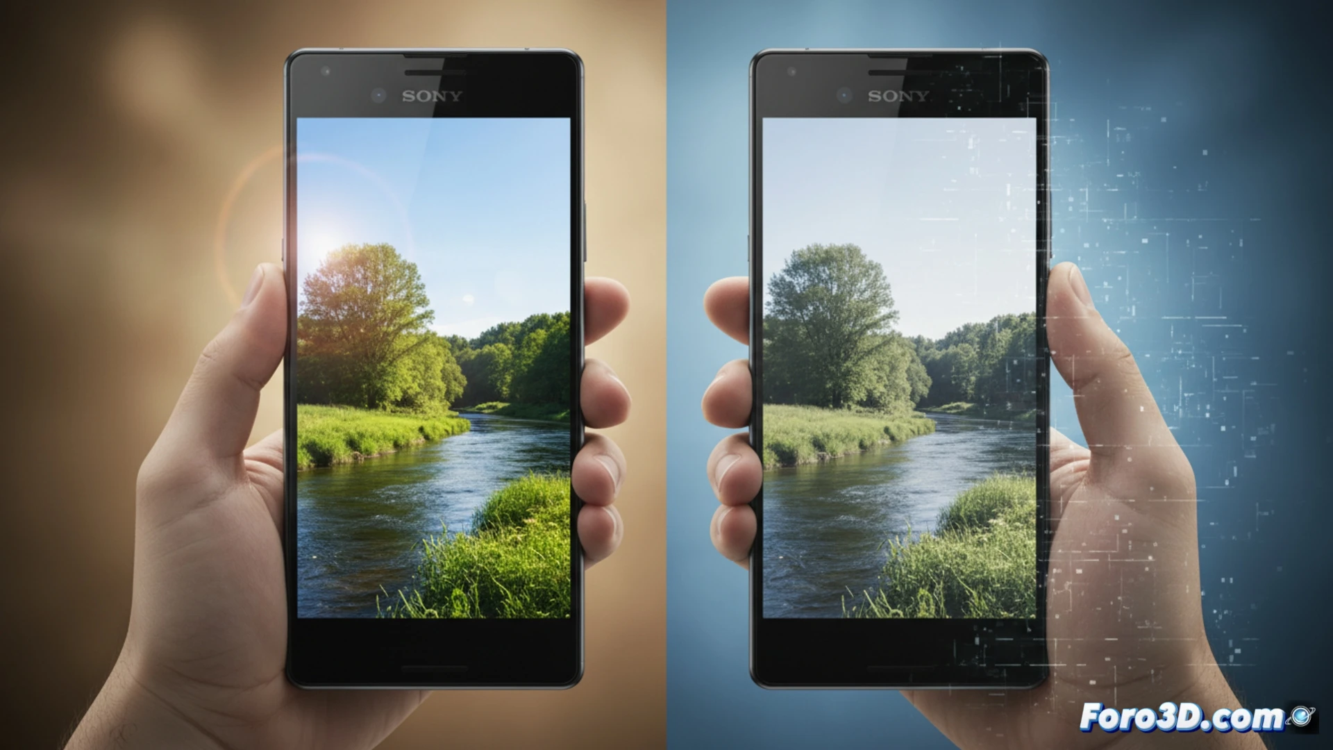 Sony Xperia 1 VIII smartphone camera module being held by a robotic arm, split-screen comparison showing a vibrant natural photo with rich shadows and vivid colors on the left versus a washed-out overexposed AI-processed version on the right, glowing AI processing chips and data flow lines connected to the phone, digital artifacts and color degradation visible during the AI enhancement process, photorealistic technical visualization, cinematic studio lighting, metallic phone surface reflecting soft light, ultra-detailed lens array, dramatic contrast between original and processed image halves, engineering illustration style