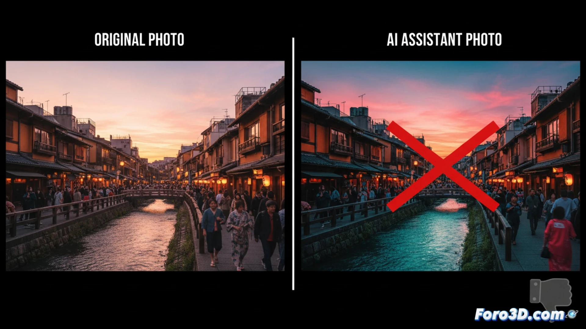 Smartphone camera AI processing failure, four side-by-side photo previews on a Sony Xperia 1 XIII display, first image oversaturated with neon greens bleeding into shadows, second image flat and muddy with excessive noise reduction, third image showing unnatural composite edges where sky meets building, fourth image crushed blacks and blown highlights, a robotic camera assistant arm holding the phone while a human hand gestures in frustration, photorealistic technical illustration, cinematic studio lighting, glossy black smartphone body, detailed screen reflections, metallic texture on assistant arm, dramatic shadow play across the interface, ultra-sharp product visualization