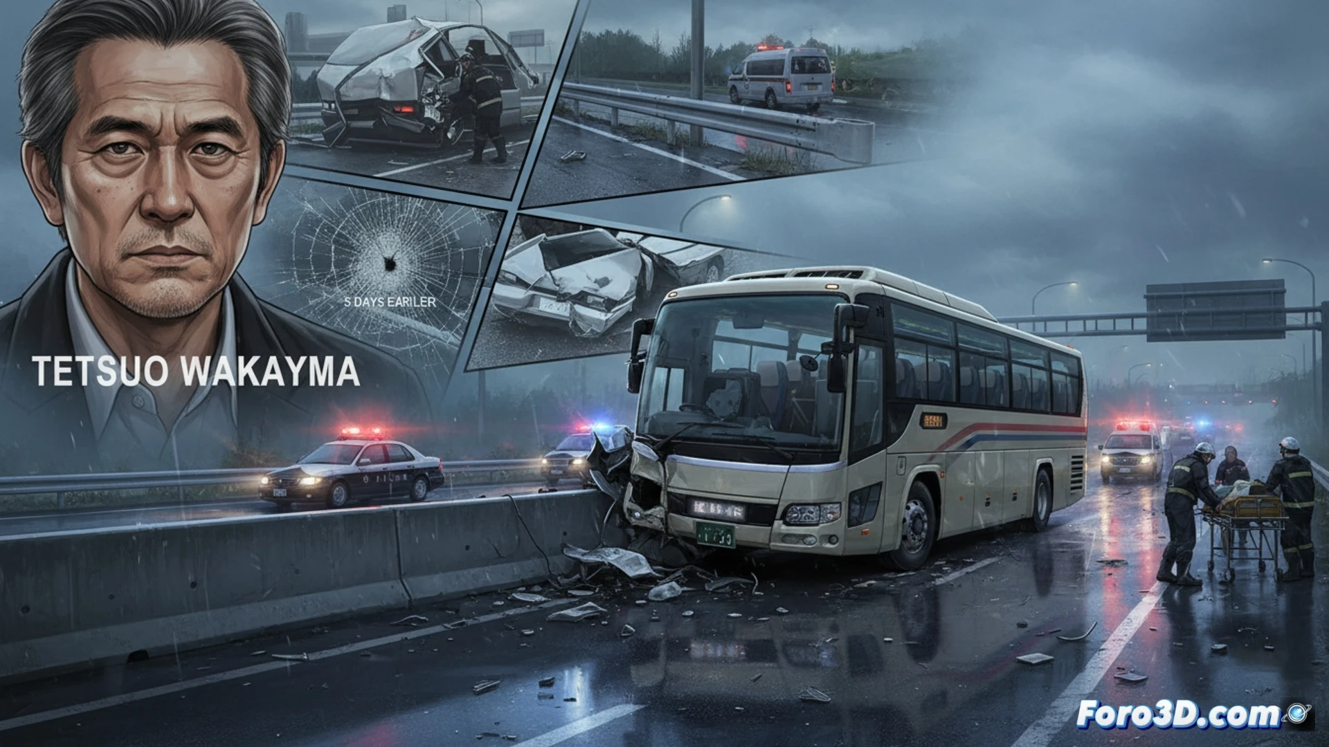 Anciano de 68 años esposado, con mirada sombría, ante un autobús accidentado en autopista. Tras él, imágenes borrosas de choques previos.