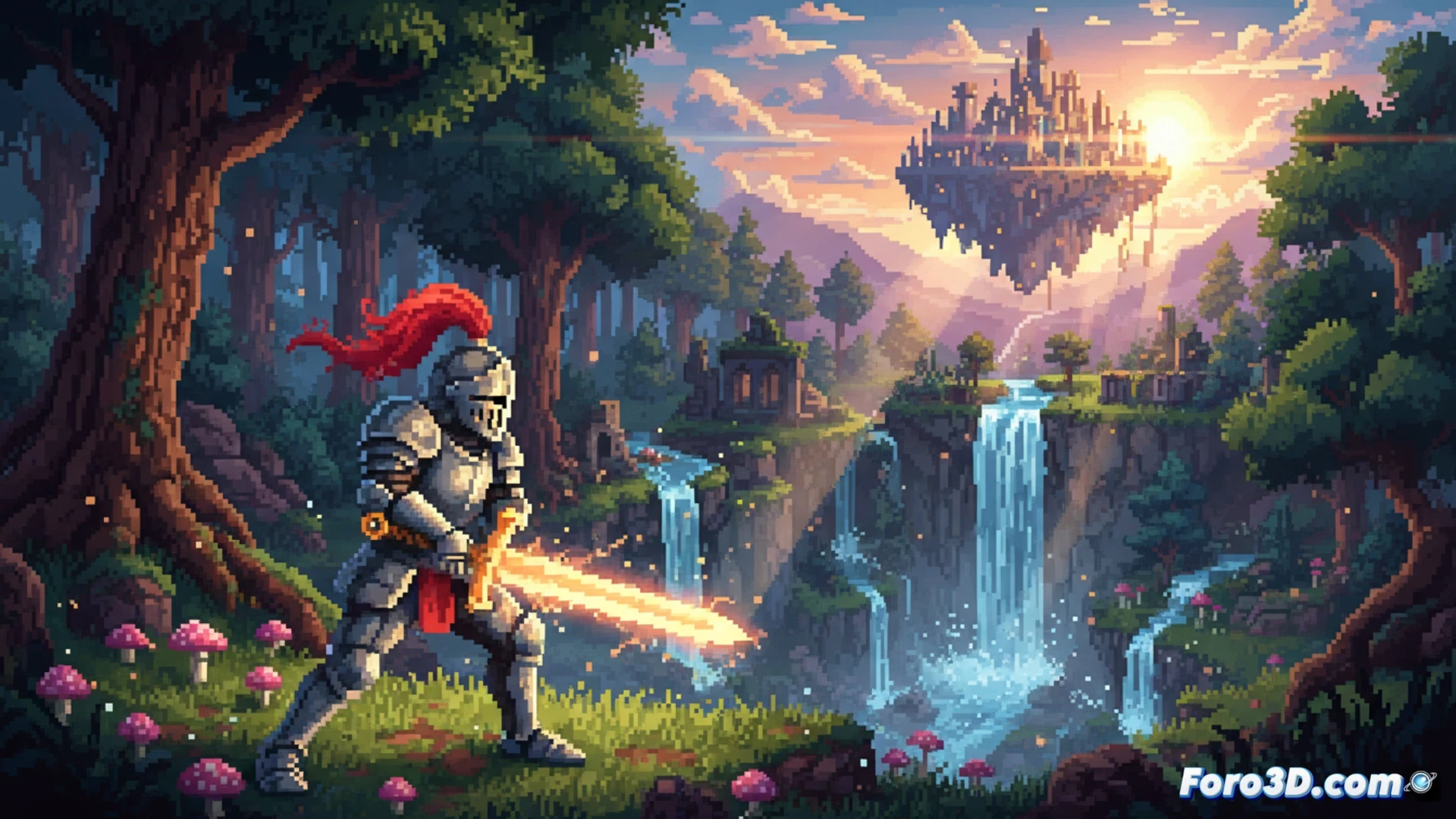 [Souldiers gameplay con pixel art retro y efectos de luz dinámica en un bosque animado]
