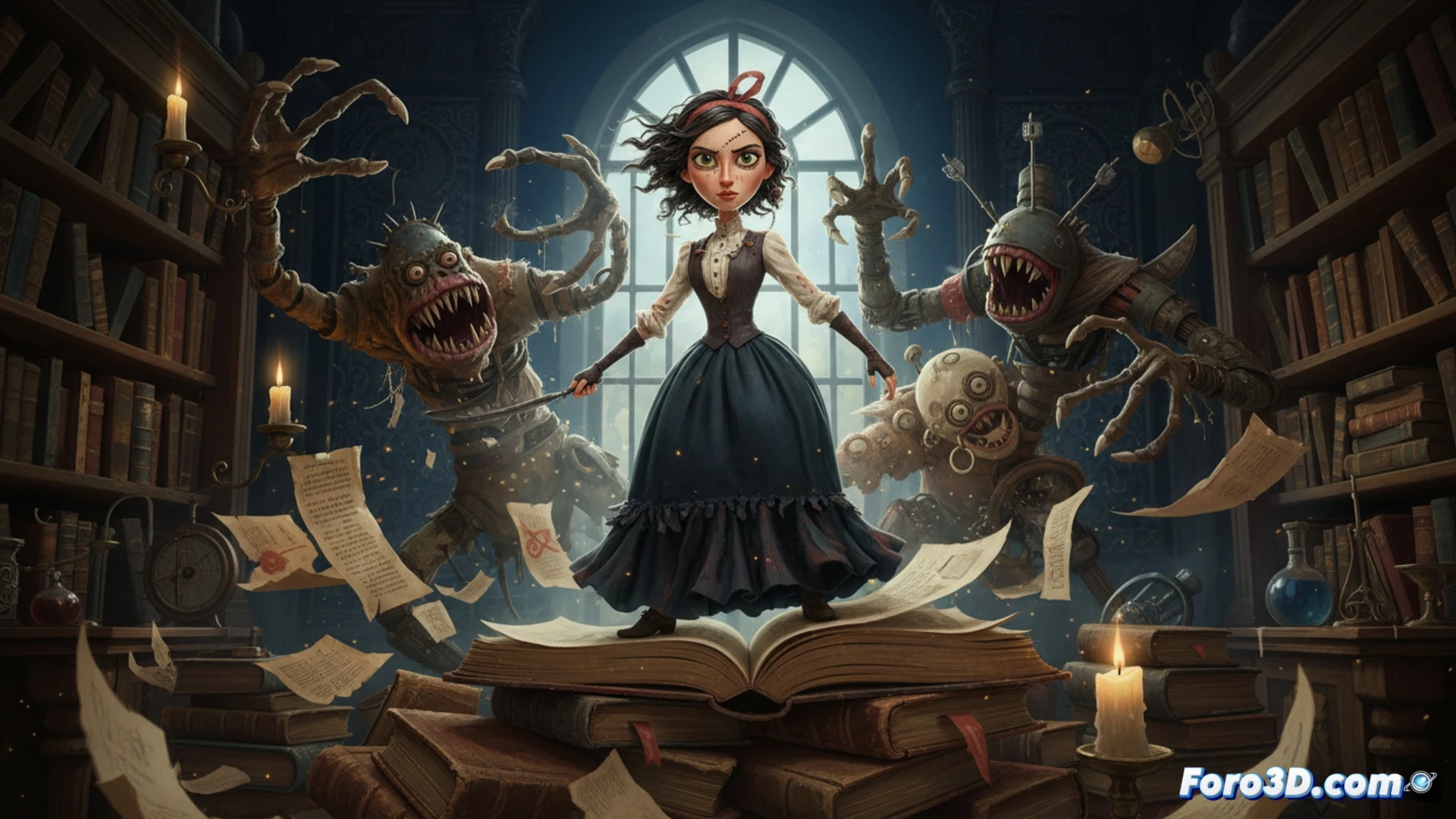 Victorian-era writer’s desk with inkwell and scattered manuscript pages, a monstrous clay figure rising from a typewriter while its mechanical armature and wire skeleton are exposed, stop-motion puppet strings dangling from above, glowing blue magical threads connecting fictional creatures to the real room, cinematic technical illustration style, dramatic candlelight casting long shadows, photorealistic textures on wood and fabric, motion blur on the monster’s claw reaching toward the author, detailed rigging and sculpting tools visible on the table, dark atmospheric mood with warm amber highlights