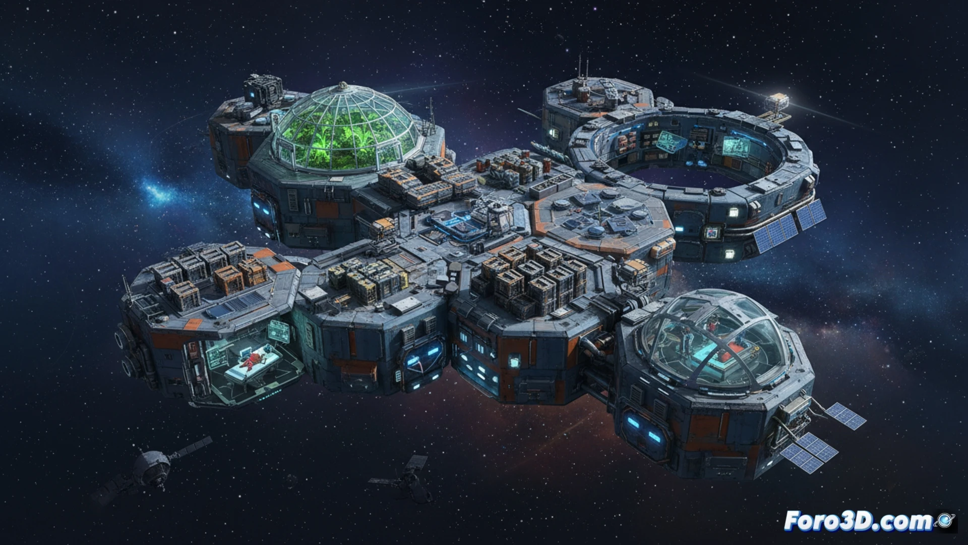interior modular spaceship construction scene, crew members welding a new habitat module onto a central corridor, oxygen pipes and temperature control panels visible, holographic resource management interface floating nearby showing oxygen levels and hull integrity, realistic engineering visualization, metallic walls with rivets and exposed wiring, glowing emergency lights, tools scattered on magnetic floor, dust particles floating in zero gravity, cinematic lighting with cool blue and warm orange accents, photorealistic technical render, action of assembly in progress, demonstrating survival systems integration