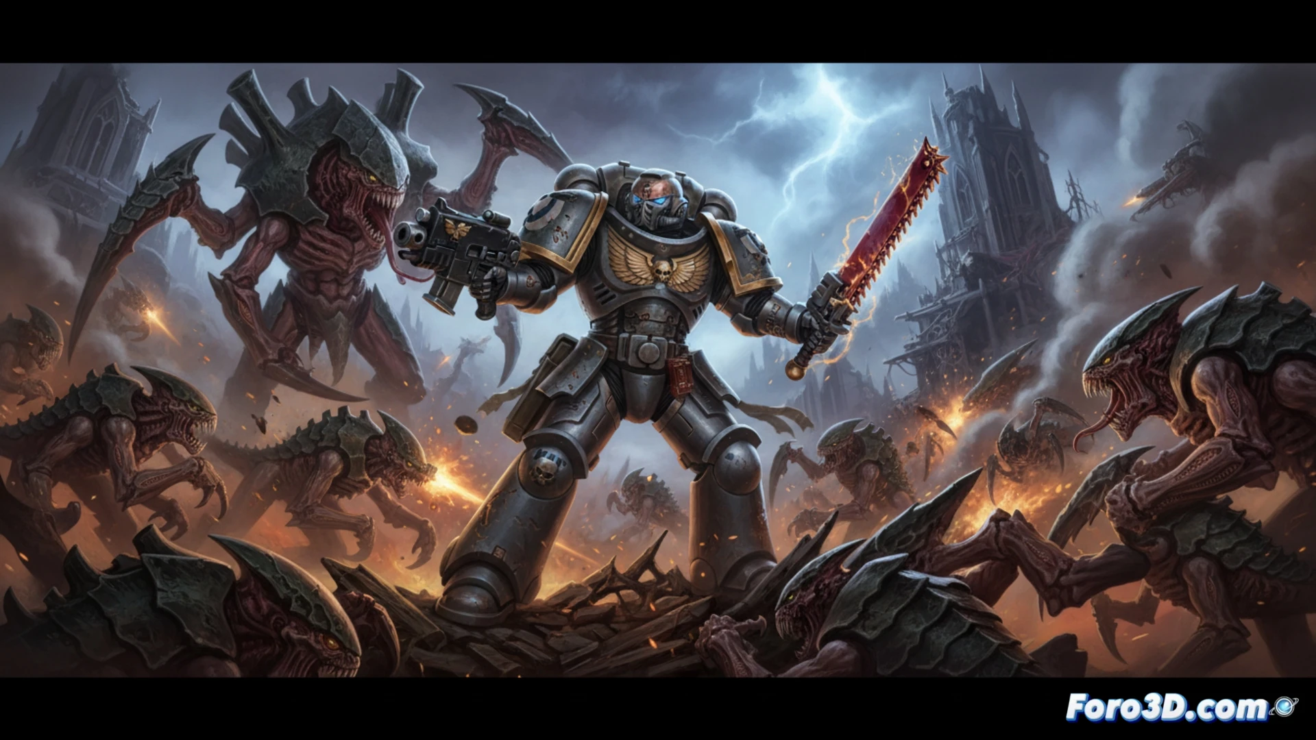 Marine Espacial con armadura negra y dorada empuña un hacha de energía sobre un campo de batalla devastado, con explosiones y ruinas humeantes al fondo.