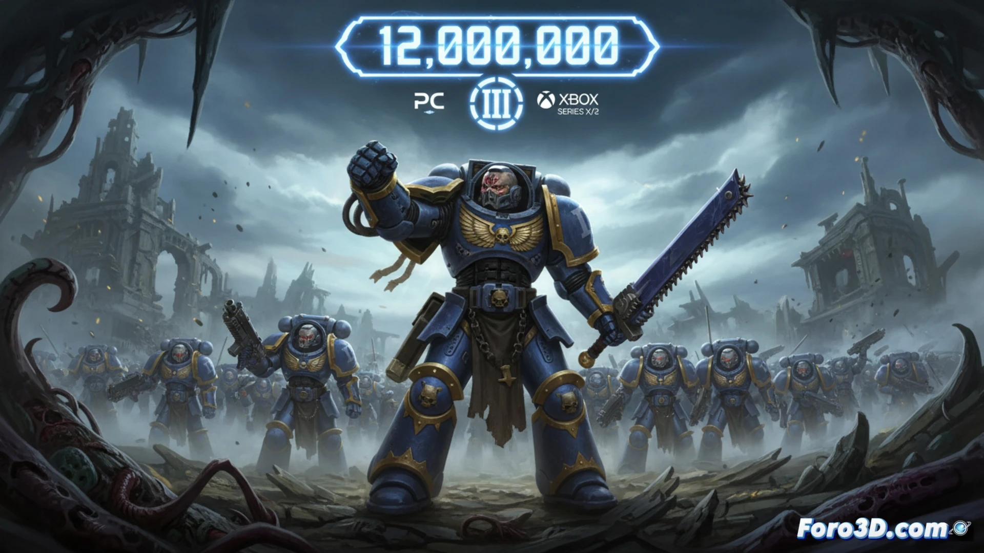 Un marine espacial de Warhammer 40k, con armadura azul y dorada, empuña un arma de fuego sobre un campo de batalla oscuro y humeante.