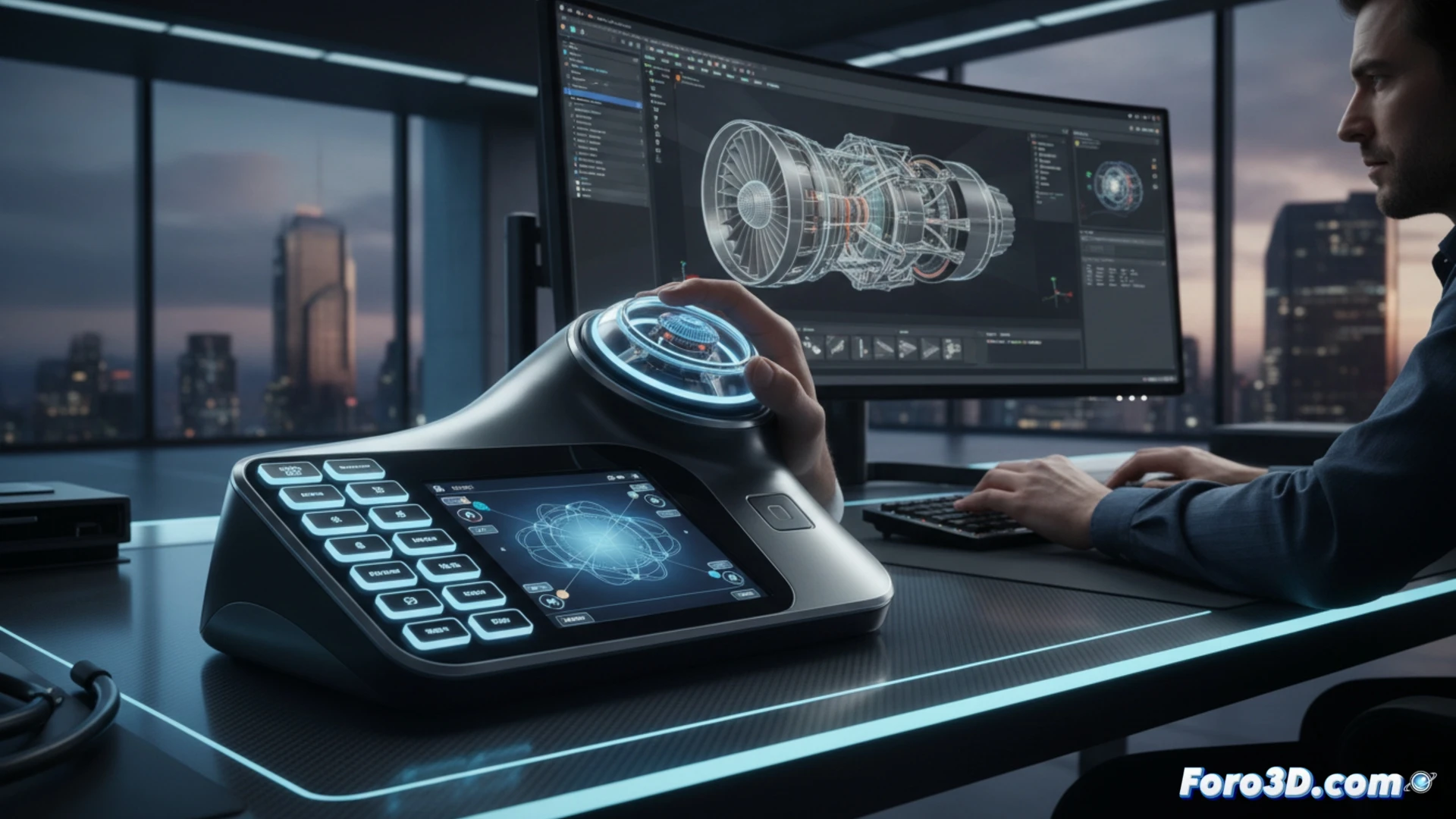 photorealistic close-up of a designer hand manipulating a complex 3D gear assembly on a CAD workstation, SpaceMouse Enterprise controller in foreground with 12 glowing programmable keys and touch screen displaying rotation axes, cursor smoothly orbiting the model while wireframe edges highlight, dual monitors showing SolidWorks interface with exploded views, ambient blue LED glow on controller, depth of field blurring background tools, cinematic engineering visualization, ultra-detailed mechanical textures, dramatic low-angle studio lighting