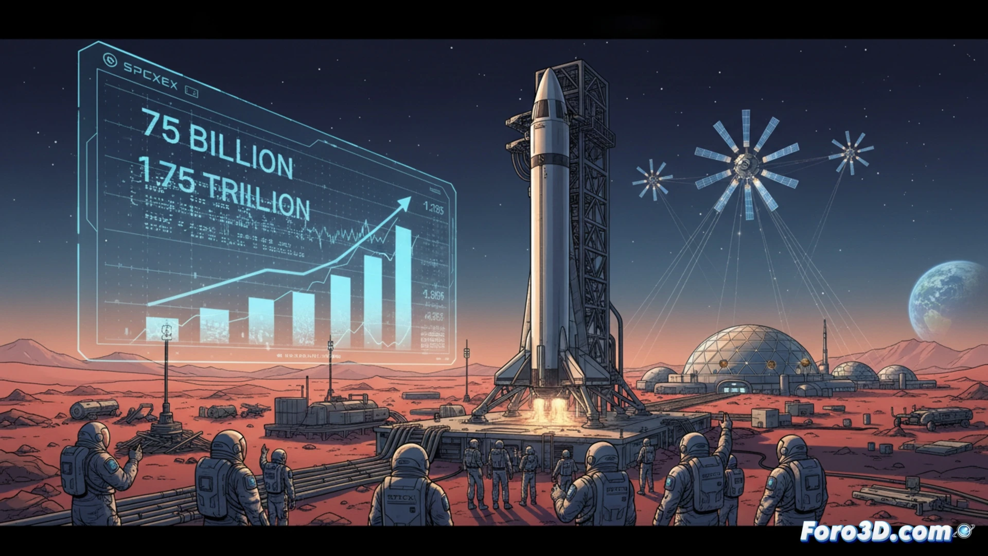 SpaceX Starship launch tower at sunrise, stainless steel rocket being prepared for liftoff, Starlink satellite deployment sequence visible in background trajectory lines, control room engineers monitoring holographic financial data projections, glowing thruster tests on adjacent landing pad, cinematic engineering visualization, metallic reflections on rocket hull, dramatic low-angle perspective, atmospheric haze with steam vents, photorealistic industrial render, ultra-detailed mechanical arms connecting to fuel lines
