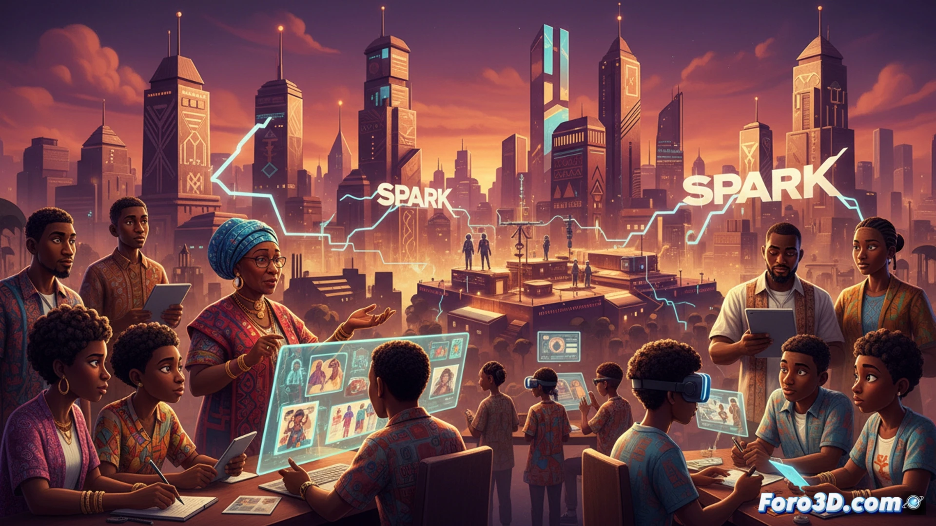 Un primer plano de la revista SPARK #3 abierta, mostrando ilustraciones vibrantes de animadores africanos en acción, con un fondo de herramientas de mentoría y formación.