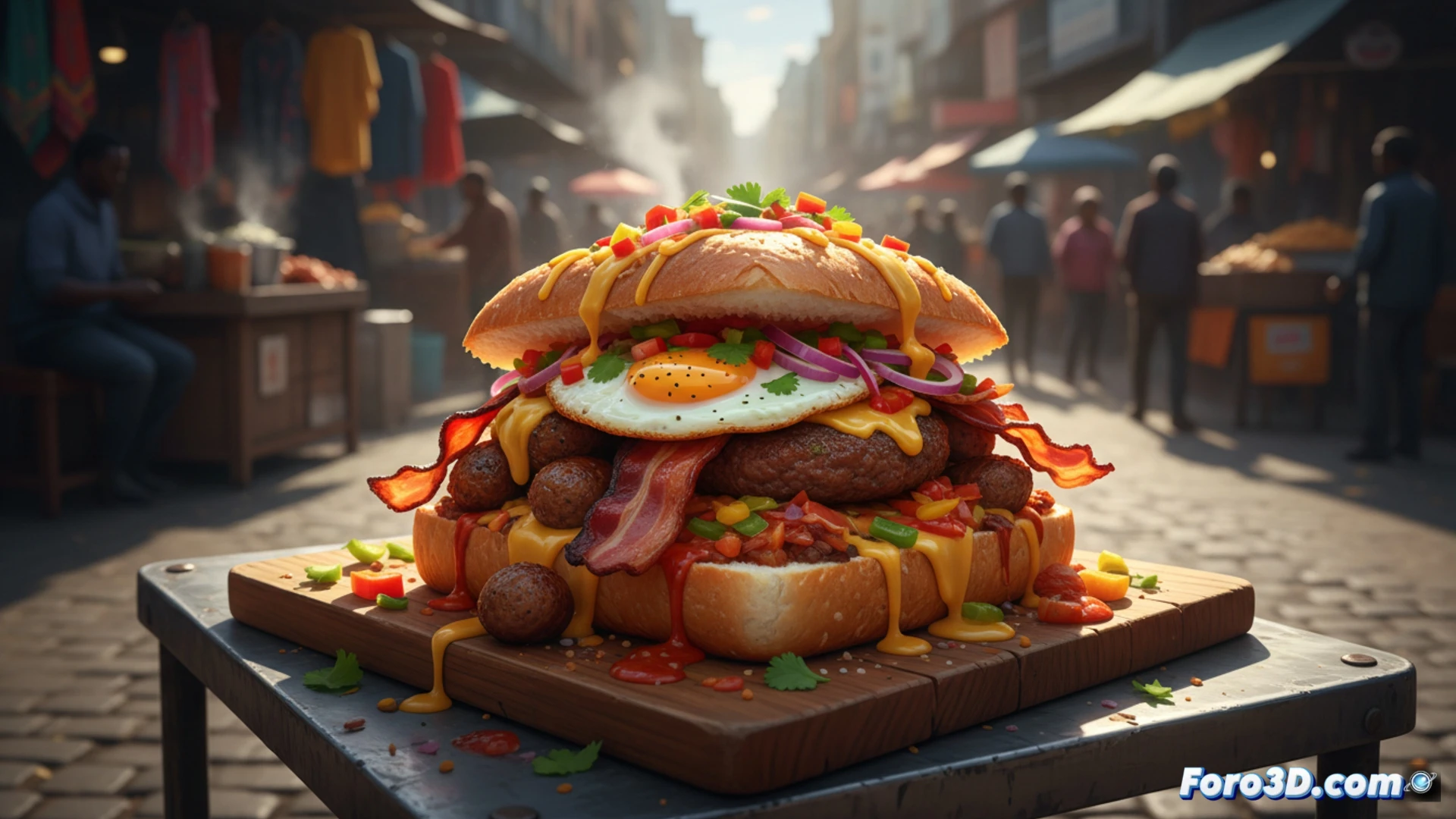 Un vendedor callejero prepara un spatlo humeante: pan relleno de papas fritas, salchicha, huevo y salsa picante, en una caótica esquina sudafricana.