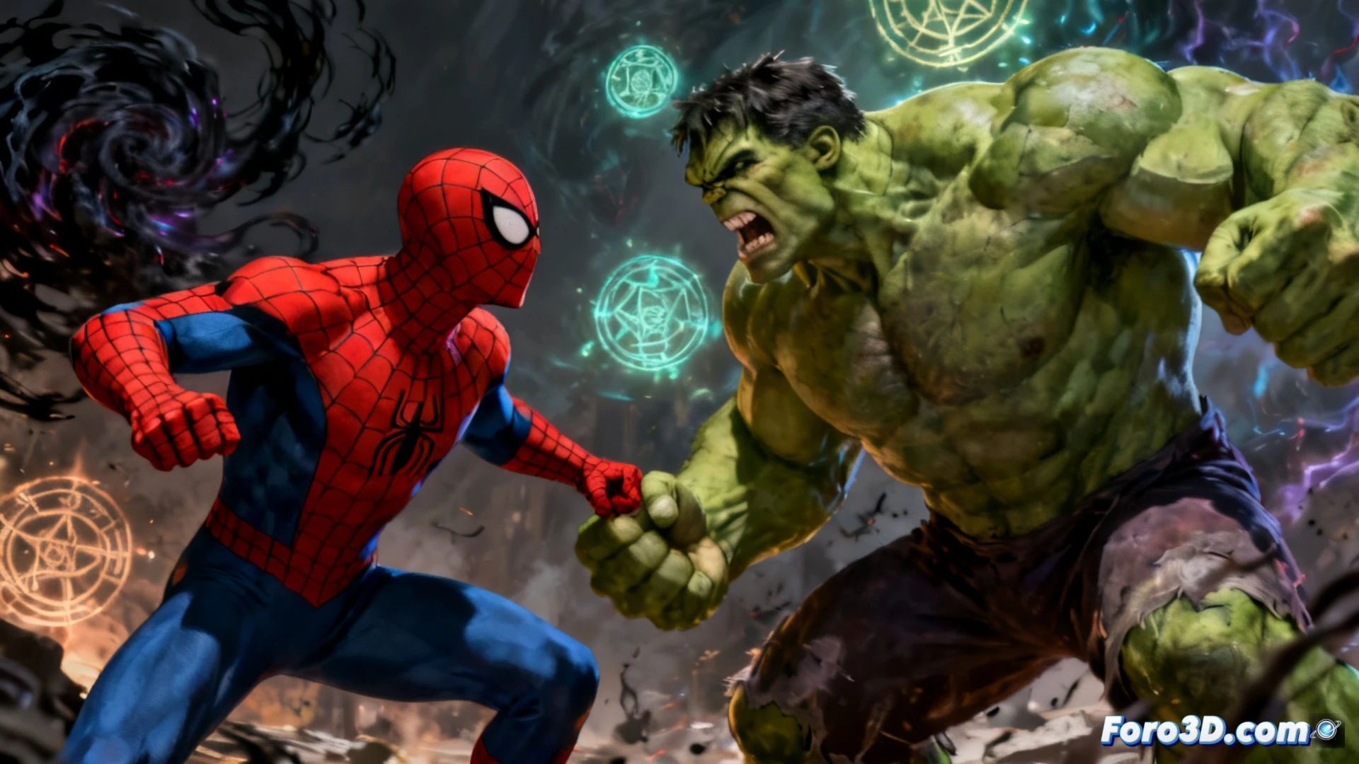 Peter Parker y Bruce Banner en una catedral sombria, enfrentando un exorcismo demoniaco entre llamas y sombras.