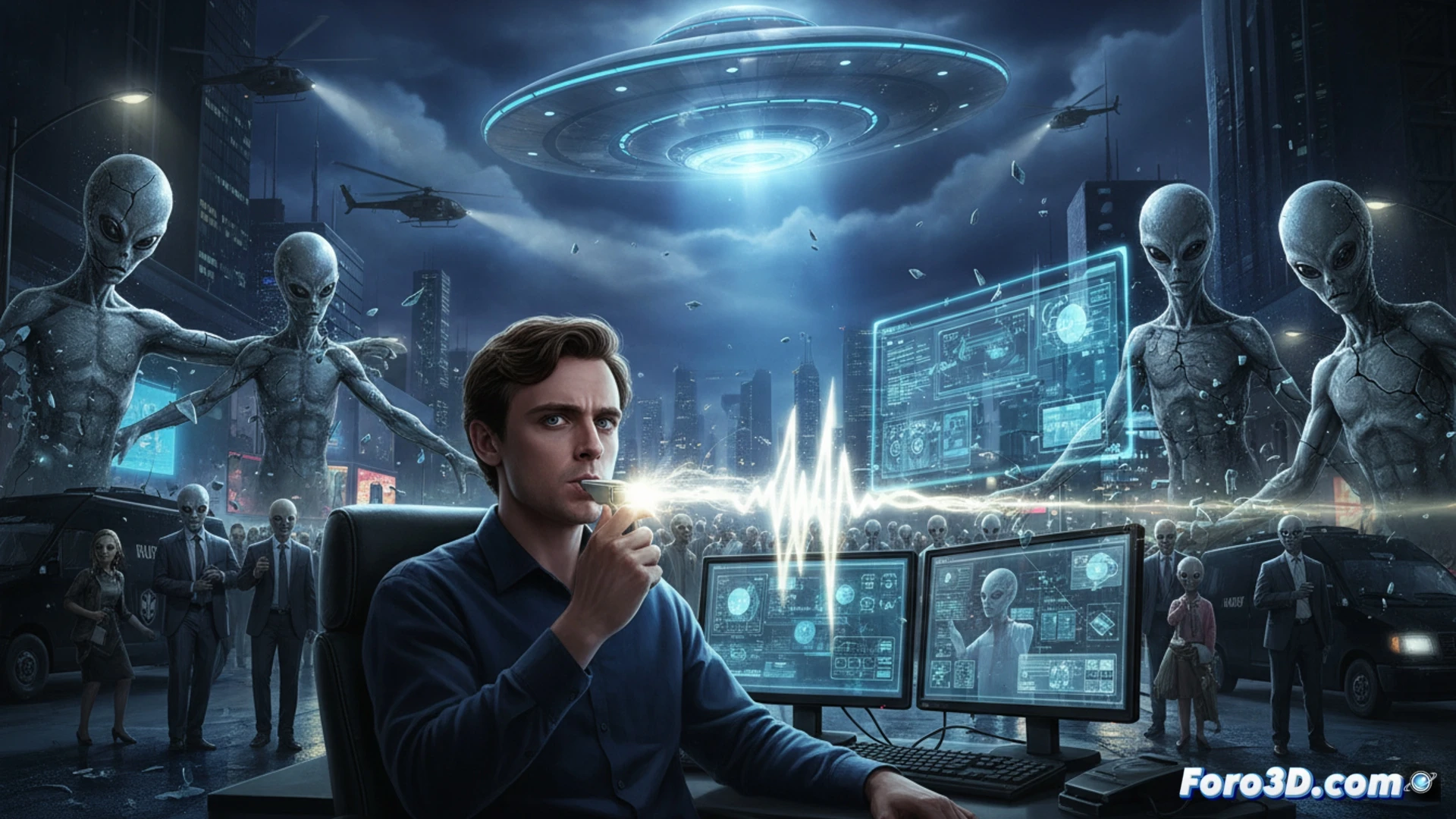 suburban street at night, humanoid alien with elongated fingers pressing a glowing holographic keyboard mid-air, blue light reflecting on face, while a second alien walks past a window unnoticed, both emitting a faint musical whistle visualized as translucent sound waves, cinematic photorealistic style, Josh O'Connor style character watching from a parked car, laptop screen showing encrypted data streams, government surveillance van in background with antennas, John Williams-inspired orchestral lighting, dramatic shadows, ultra-detailed skin textures, metallic sheen on alien tools, technical sci-fi atmosphere