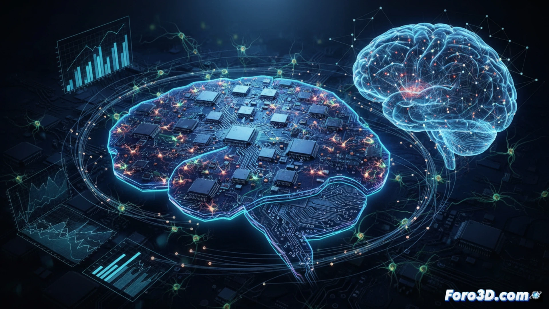 Neuromorphic chip wafer glowing with millions of ARM processor cores arranged in neural network patterns, data streams flowing between cores like biological synapses, researchers analyzing real-time brain simulation on holographic displays, robotic manipulator connecting wafer to cooling system, blue and orange electrical traces pulsing with activity, engineering visualization style, ultra-detailed silicon die structures visible, dramatic laboratory lighting with dark background, photorealistic technical render, high contrast metallic surfaces
