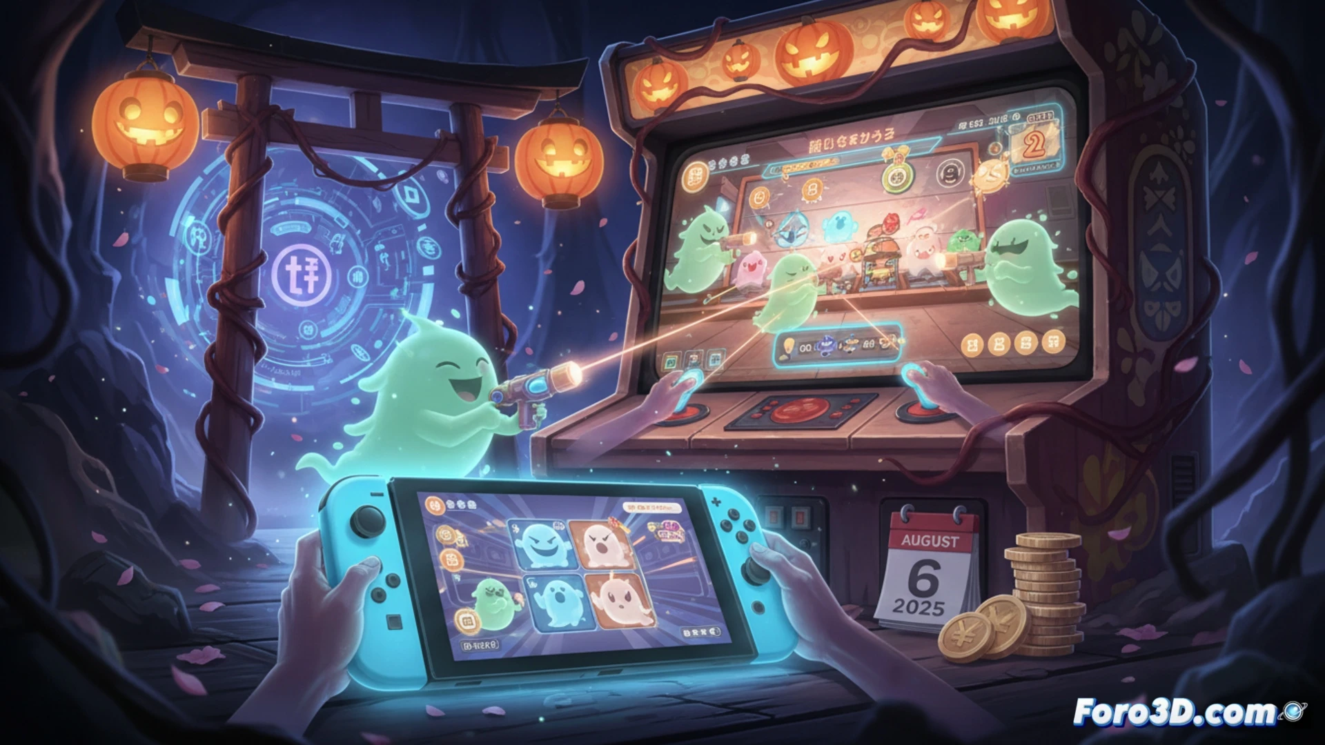 Una galería de tiro fantasmagórica en Switch 2, con luces neón verdes y fantasmas flotando sobre jugadores conectados online.