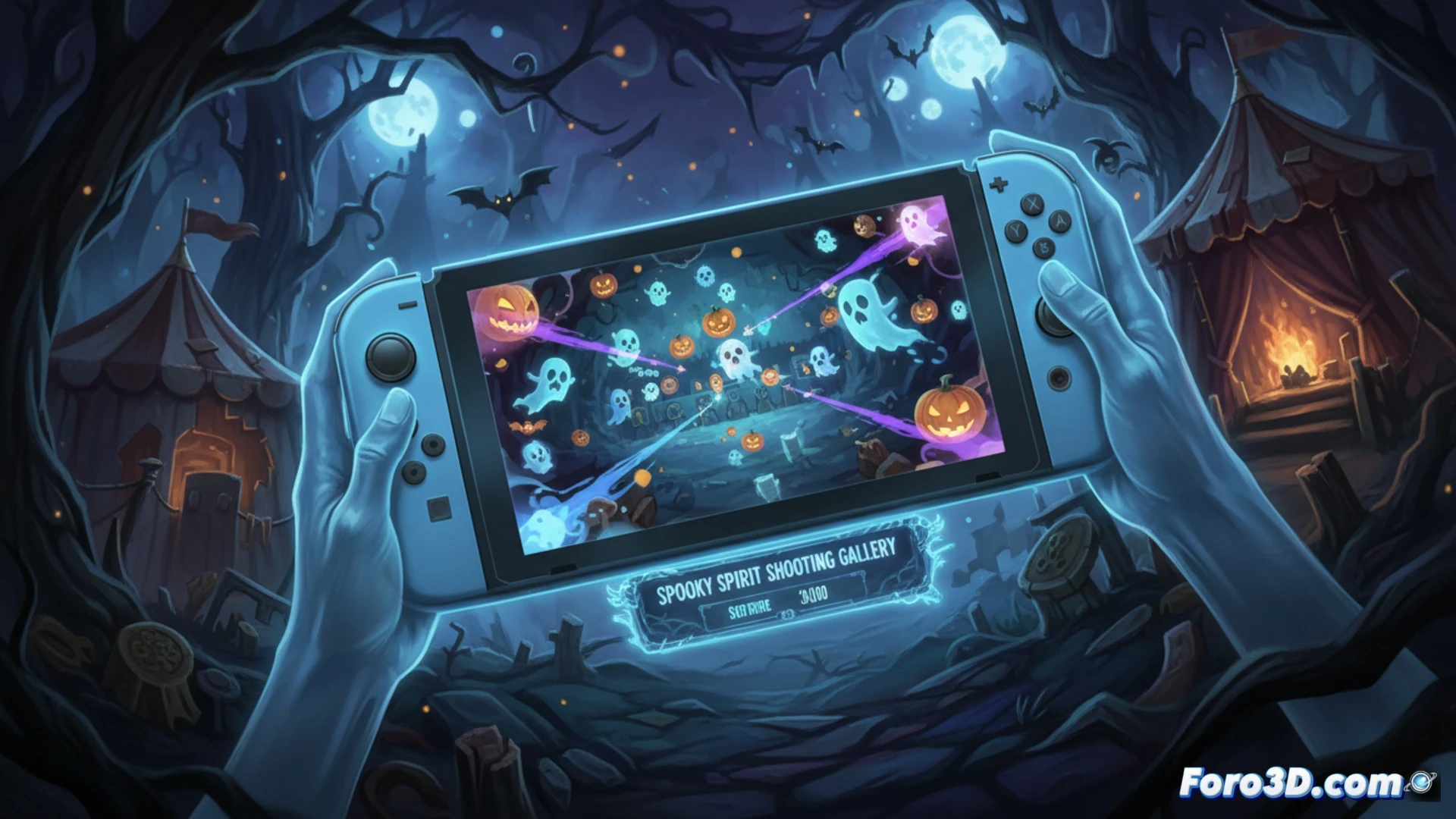Una vibrante galería de tiro nocturna con fantasmas luminosos, la pantalla del Switch 2 muestra un castillo embrujado y una pistola Joy-Con apuntando.