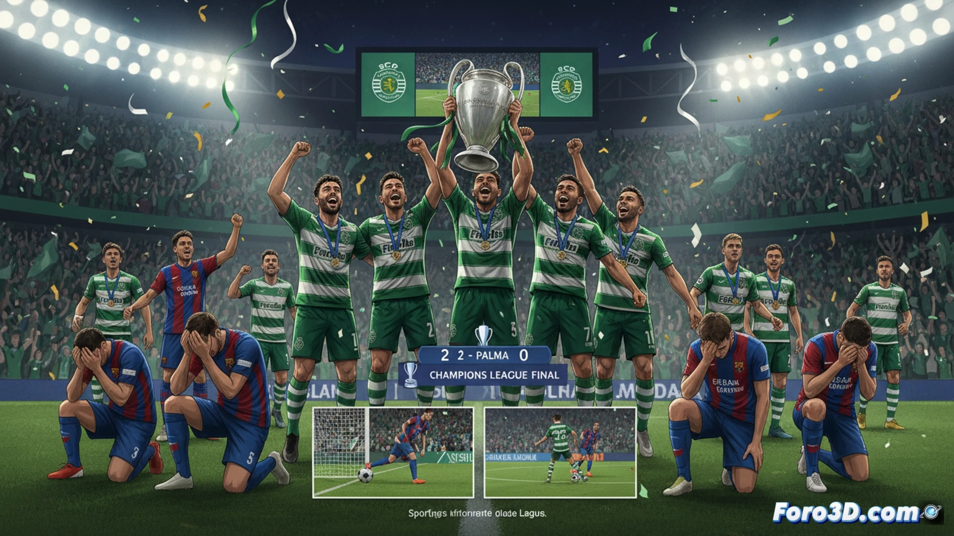 Descripción: Celebración del Sporting en el campo con la copa de la Champions League, fondo con afición y confeti, derrota del Palma.