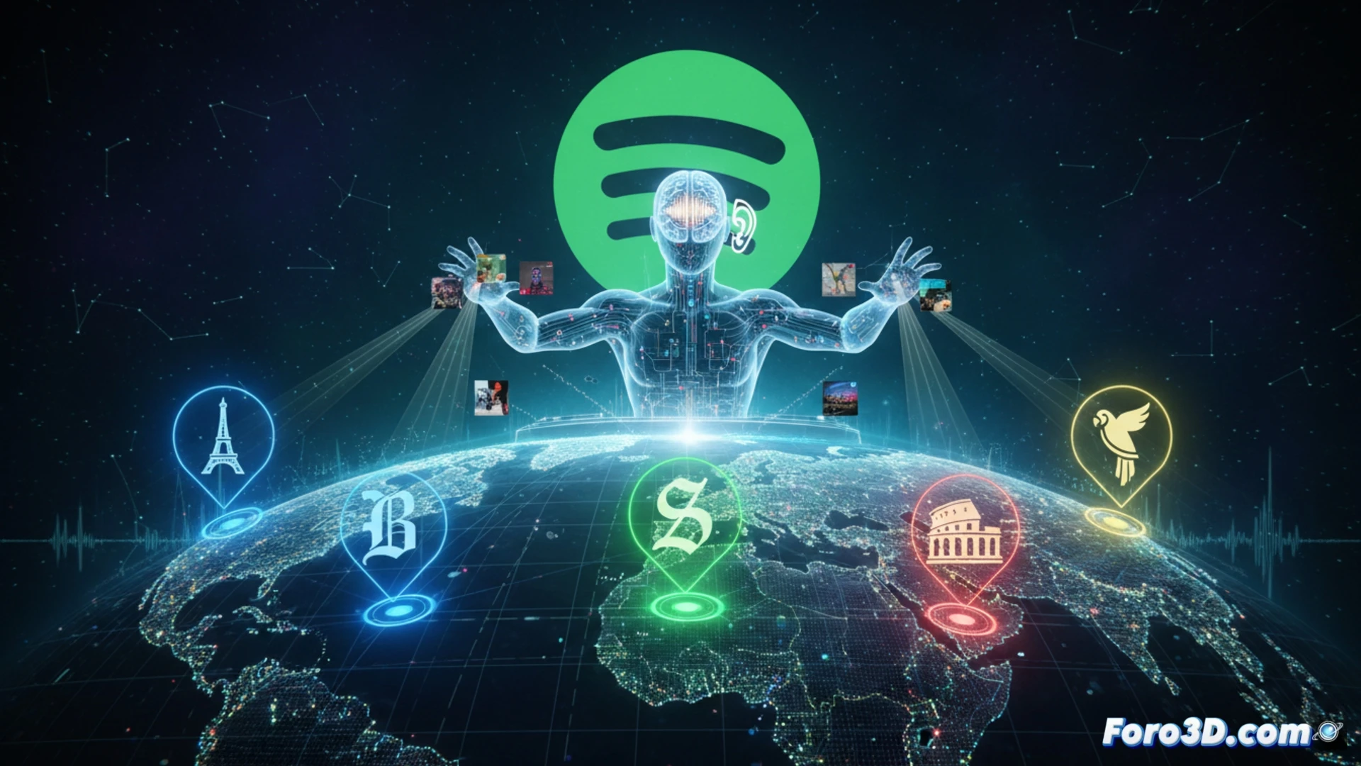 Un DJ virtual de IA sonríe en una interfaz futurista con banderas de Francia, Alemania, Italia, Brasil y Corea del Sur, mientras notas musicales y ondas sonoras envuelven el mapa mundial.
