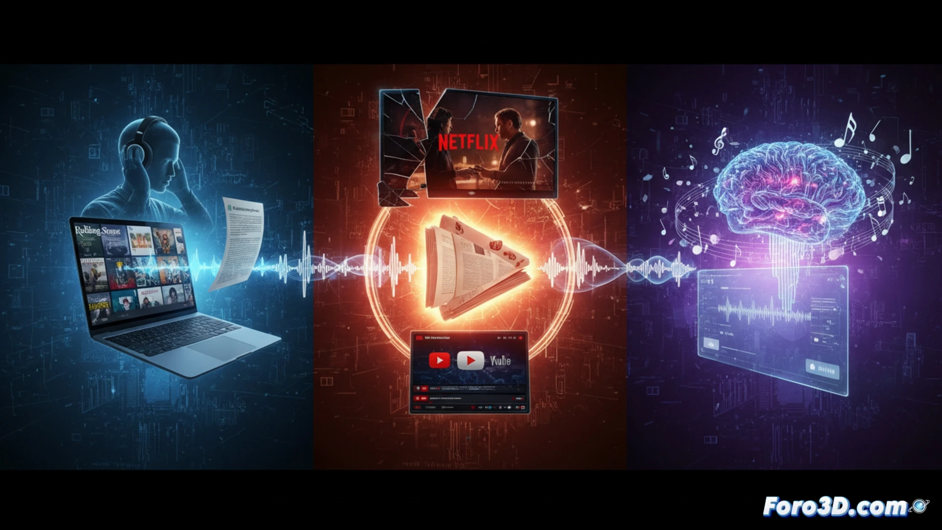 cinematic scene of a smartphone screen displaying a Spotify audiobook player interface, a glowing article icon morphing into a podcast waveform, floating magazine covers from Rolling Stone and Vogue spinning in mid-air, a digital credit counter ticking down from 1.99 dollars, background shows a blurred Netflix logo and a musical AI waveform dissolving into static, user finger tapping play button, photorealistic technical illustration, dark moody lighting with neon green and purple highlights, ultra-detailed glass reflections on phone screen, motion blur around floating media elements, dramatic depth of field