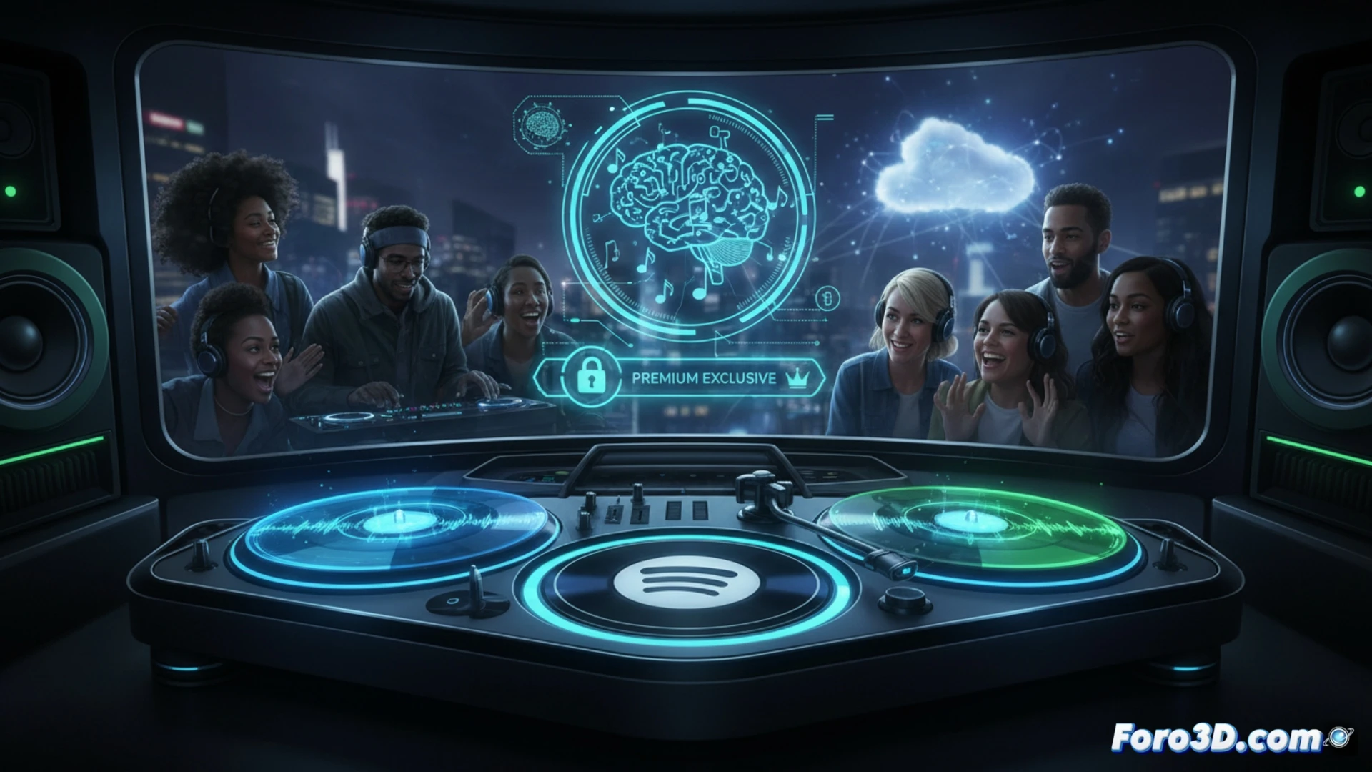 Spotify Premium user interface on a smartphone showing an AI remix generation process, waveform being manipulated by glowing digital hands, sliders for tempo and key adjustment, UMG license badge fading into the background, music notes transforming into new patterns, headphones with glowing circuits, dark mode UI with neon purple and green accents, cinematic technology visualization, photorealistic smartphone screen, ambient studio lighting, deep shadows emphasizing the AI creation action, ultra-detailed screen elements, dynamic particle effects around the waveform