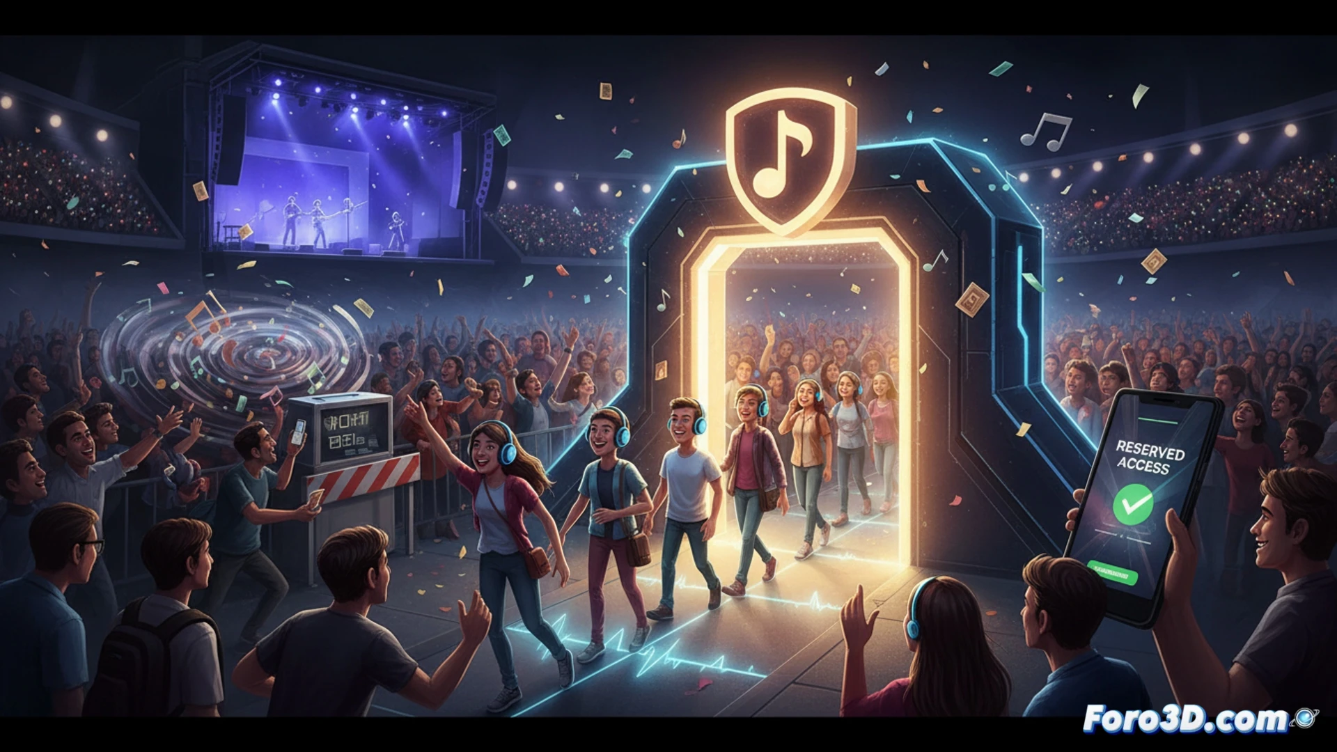 Spotify Premium subscriber unlocking a golden ticket portal on a smartphone screen, chaotic crowd of resellers and empty-handed fans fading into blurred background behind a translucent barrier, glowing green wave sound visualization rising from the phone while a digital lock icon breaks apart, stylized music note particles floating upward, cinematic photorealistic render, dramatic spotlight illuminating the phone and user hands, dark concert venue atmosphere with cool blue and amber lighting, ultra-detailed interface UI elements showing Reserved badge, realistic glass reflection and screen glow, motion blur on fading crowd, high-contrast technical visualization