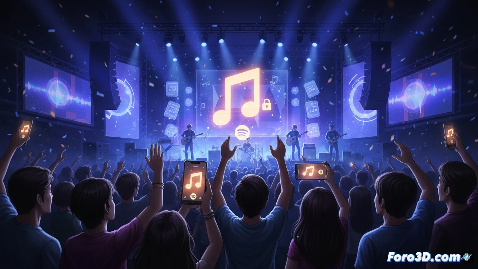 smartphone screen showing Spotify app interface with Reserved ticket offer notification, user holding phone while tapping on concert ticket purchase button, green and black color scheme, glowing countdown timer indicating 24-hour window, blurred background of a concert venue with empty seats and stage lights, digital confirmation message appearing on screen, photorealistic technical illustration, ultra-detailed UI elements, dramatic lighting from screen illuminating user hand, realistic shadows, cinematic composition