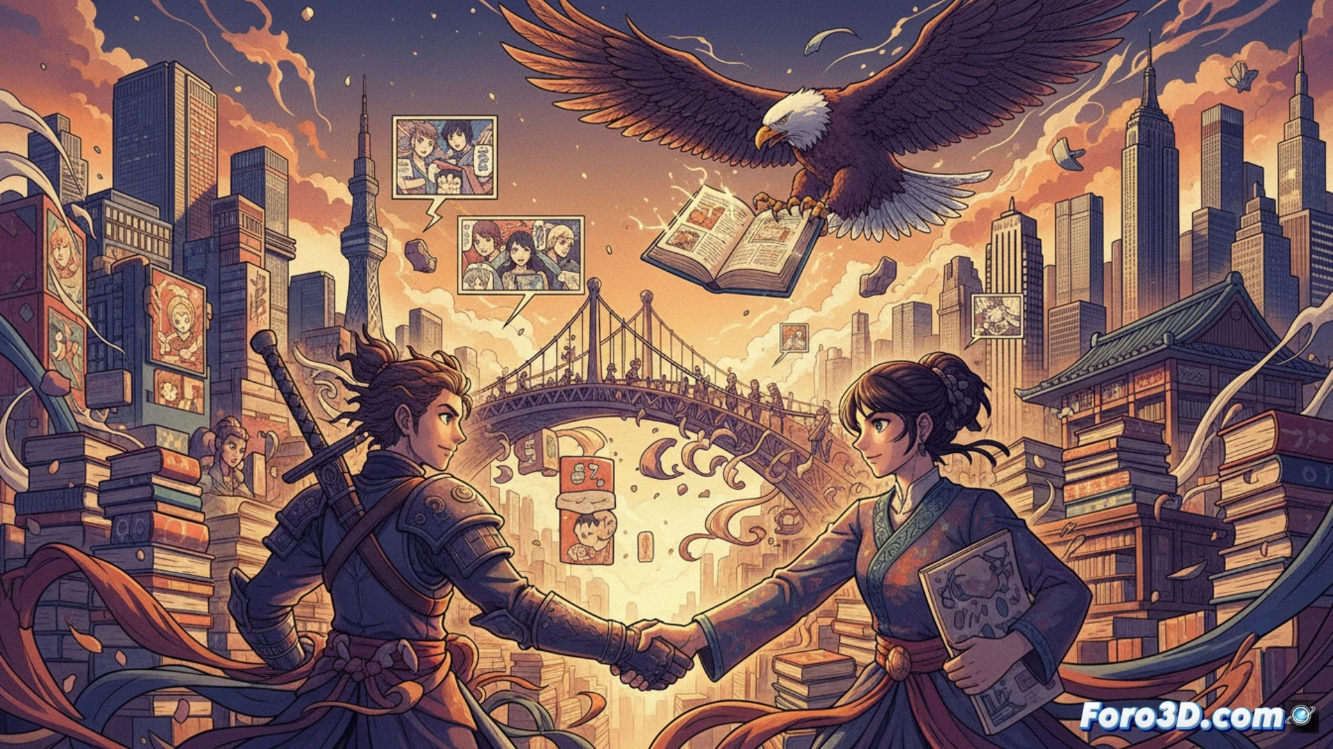 Un mostrador de Kinokuniya exhibe mangas de Square Enix, con clientes hojeando títulos y una tableta digital mostrando portadas, simbolizando la alianza editorial.