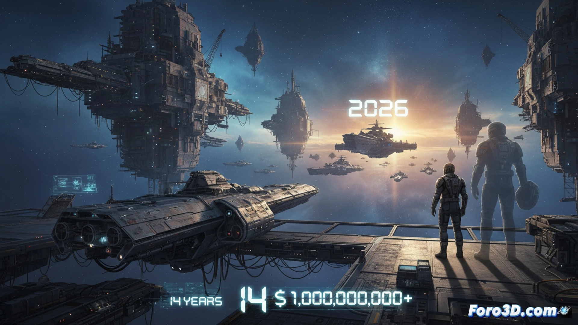 Cinematic engineering visualization of a massive unfinished spaceship hangar, glowing holographic blueprints of a capital ship floating mid-air, developers adjusting structural schematics on transparent digital screens, worn-out keyboards and coffee cups scattered on workstations, a single actor in motion-capture suit standing near a green screen stage, dramatic contrast between polished sci-fi cockpit prototype and exposed wiring, dust particles in spotlight beams, photorealistic technical illustration, metallic reflections, tension between creation and stagnation