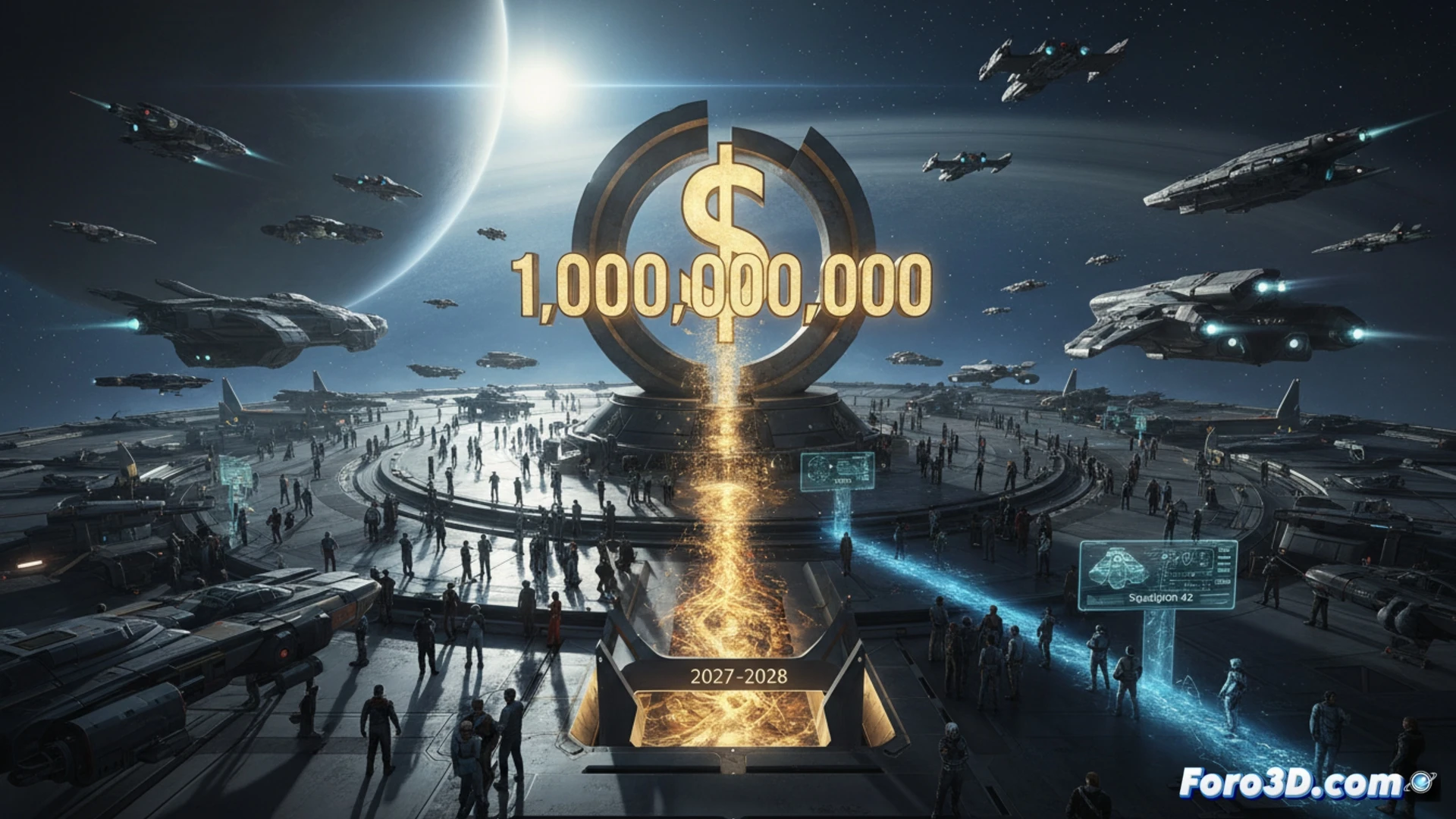 massive procedural spaceship hangar interior, hundreds of backers watching holographic star map displaying growing donation counter, engineers working on unfinished ship hulls with welding torches and diagnostic screens, floating currency particles flowing into a central glowing vault, cinematic engineering visualization, metallic corridors with neon blue and orange lights, motion blur from bustling workers, holographic timelines showing 2027 release date fading into question marks, ultra-detailed mechanical components, photorealistic technical render, dramatic industrial lighting