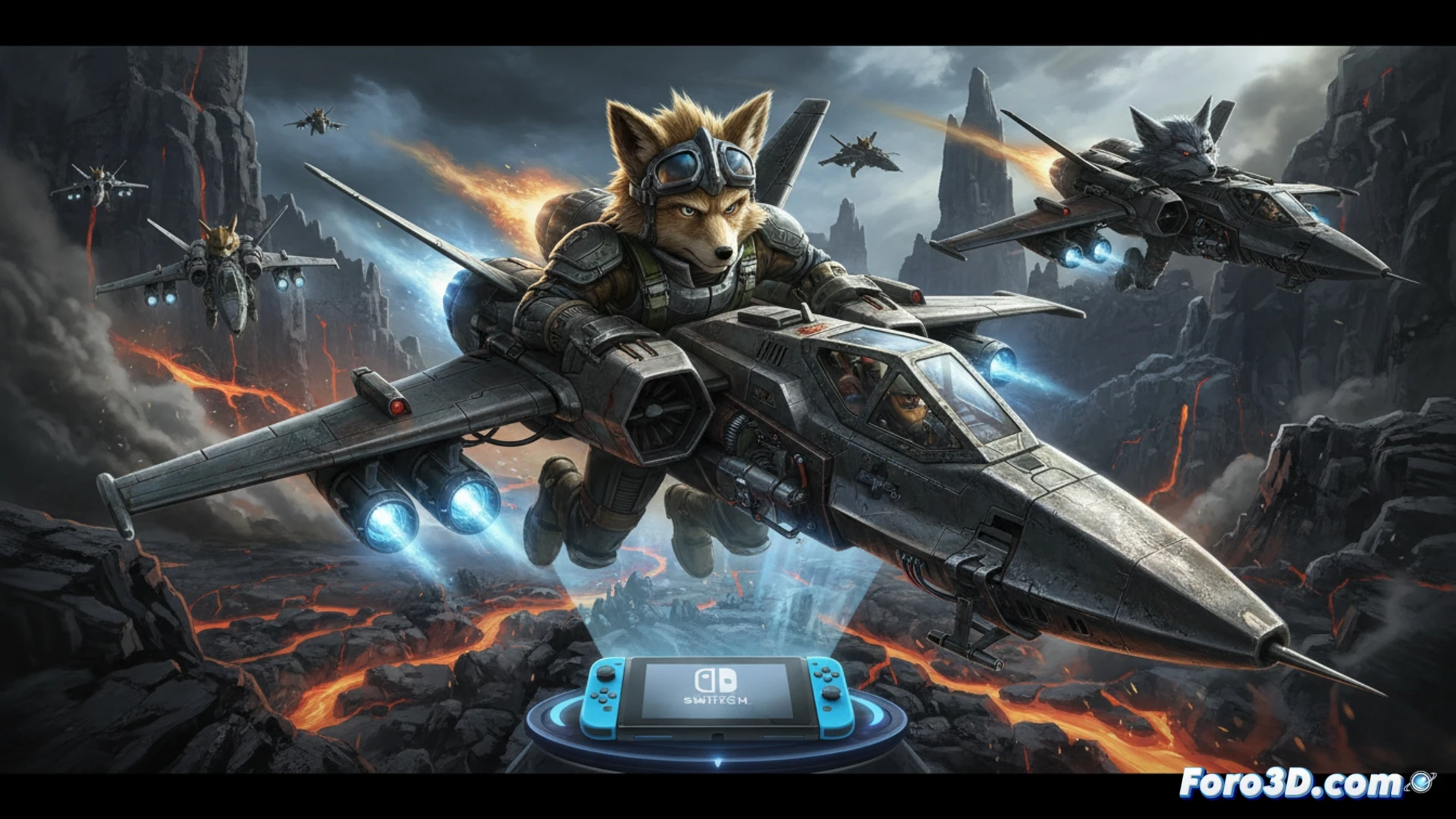 Fox McCloud rediseñado con realismo frío, silueta perdida, fondo de Corneria borroso y fans decepcionados.