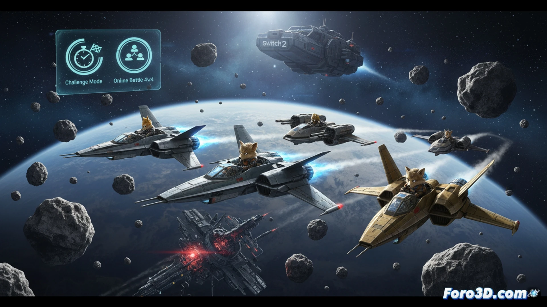 Ilustración vibrante de Fox McCloud en arwing sobre Corneria, con gráficos renovados y texto Star Fox 64 Remake para Switch 2.