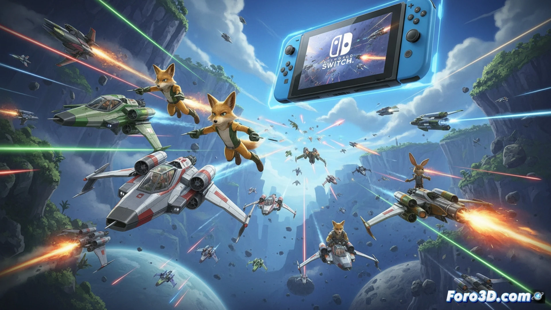 Un Arwing rojo sobrevuela un planeta verde brillante. Fox McCloud, rediseñado, apunta su bláster. Dos naves enemigas explotan al fondo.