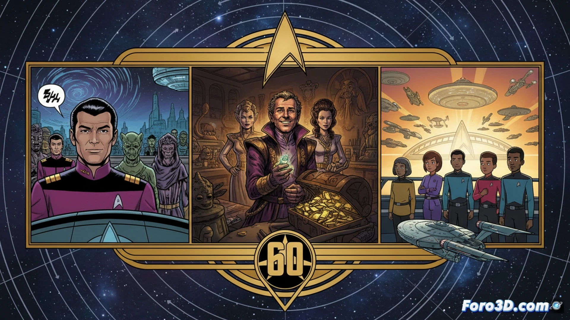 Ilustración del especial Star Trek 60 aniversario: Sulu en acción, Harry Mudd sonríe y la tripulación de Lower Decks celebra, con estilo de cómic vibrante.