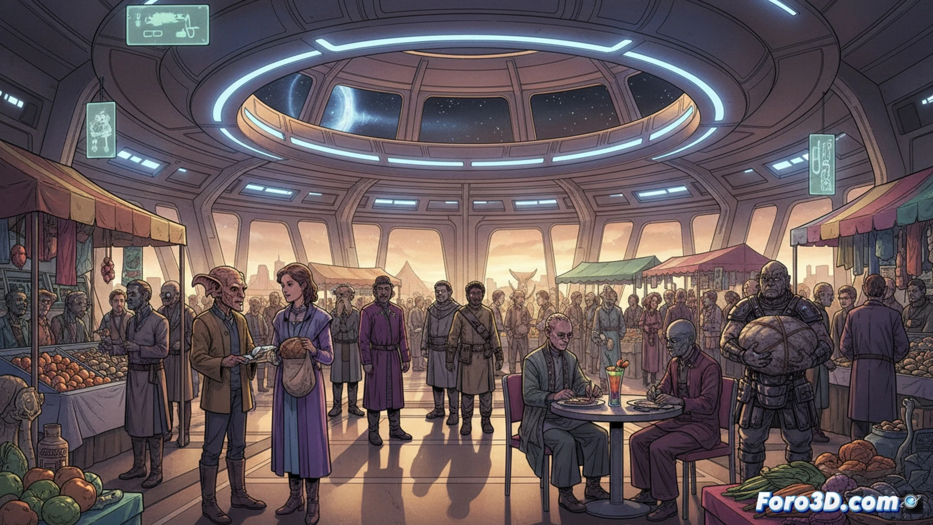 Deep Space Nine station interior promenade scene, civilian Bajoran shopkeeper adjusting glowing display case while a Ferengi waiter carries tray of tubes past a Cardassian-designed archway, diverse aliens mingling near a holographic menu board, technical details of replicator panel and data padd visible in foreground, cinematic lighting with warm amber tones contrasting cool blue from docking ring windows, photorealistic sci-fi illustration style, action showing daily commerce and social interaction, no starships or weapons visible, ultra-detailed textures on metal surfaces and alien clothing